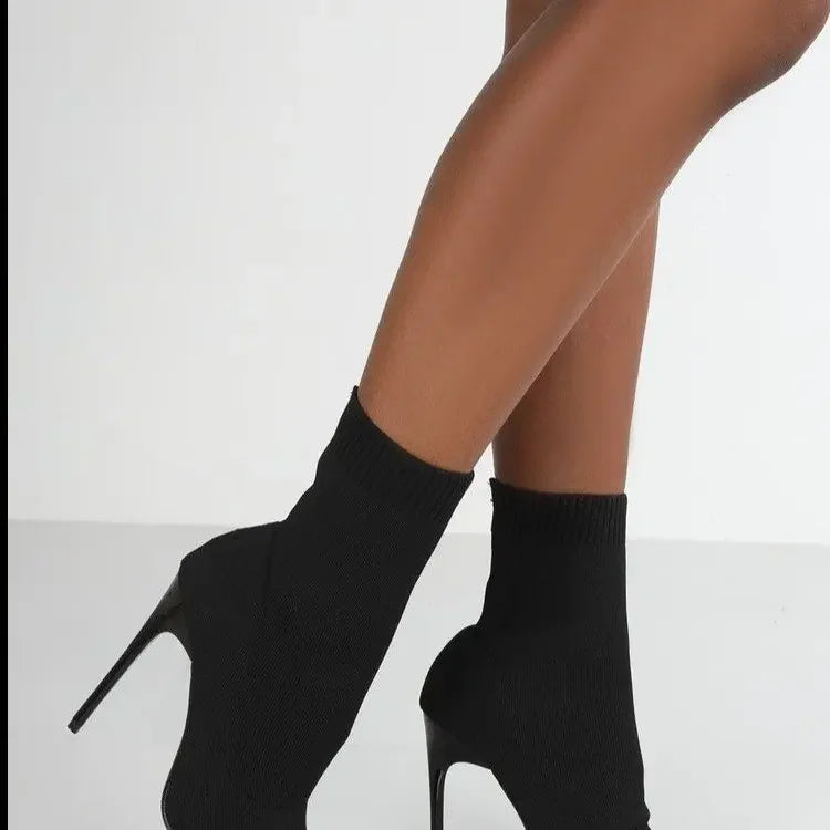 Luxury Women's Beige Sock Boots - Exotic Dancer High Heel Stiletto Boots for Winter Fashion, Stretch Fabric Plus Size Boots - Perfect for Night Out, Club Wear & Evening Parties