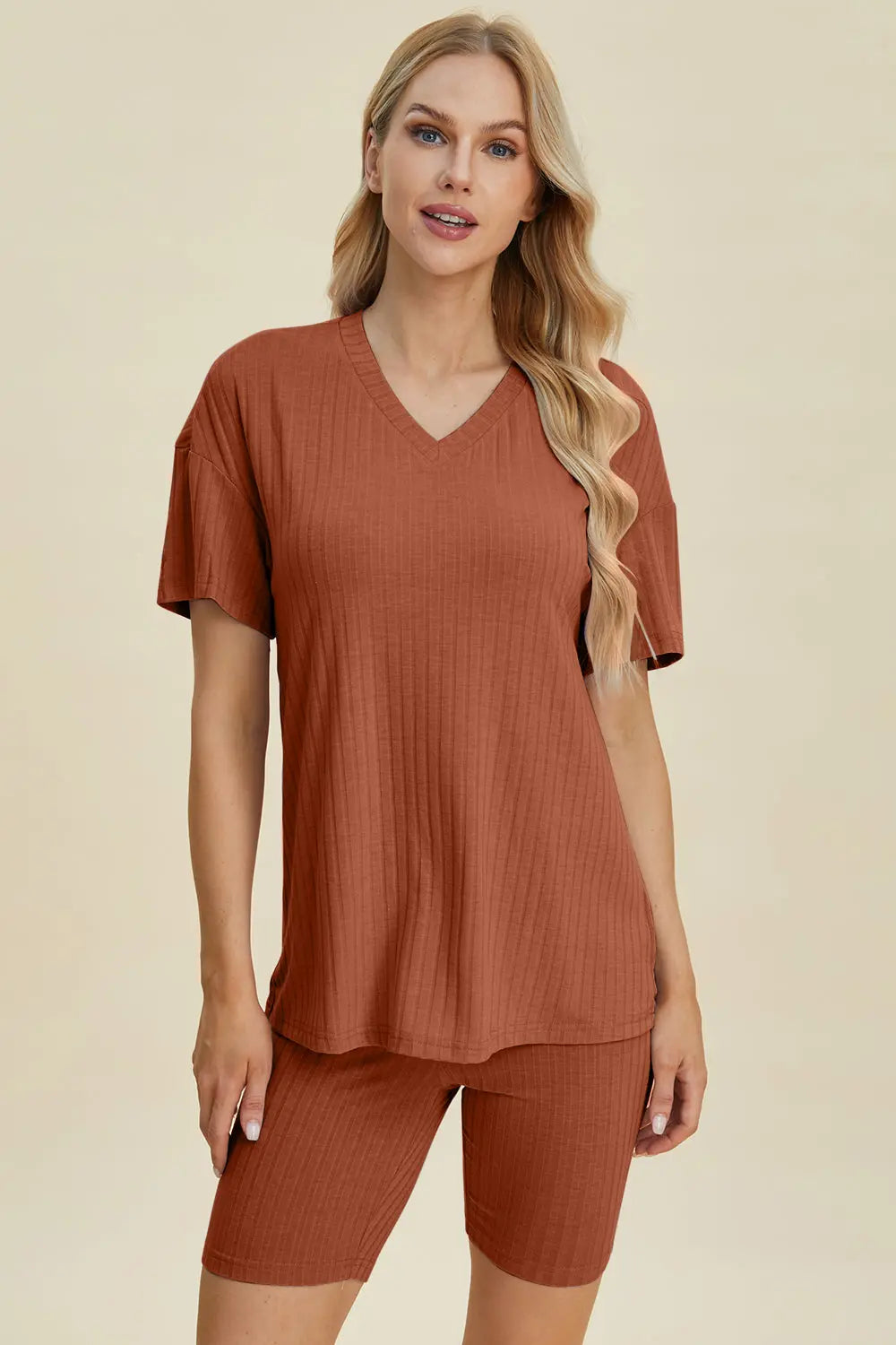 Basic Bae Full Size Ribbed V Neck Short Sleeve Top and Shorts Set - Women's Casual Summer Outfit for Beach, Lounge & Everyday Wear