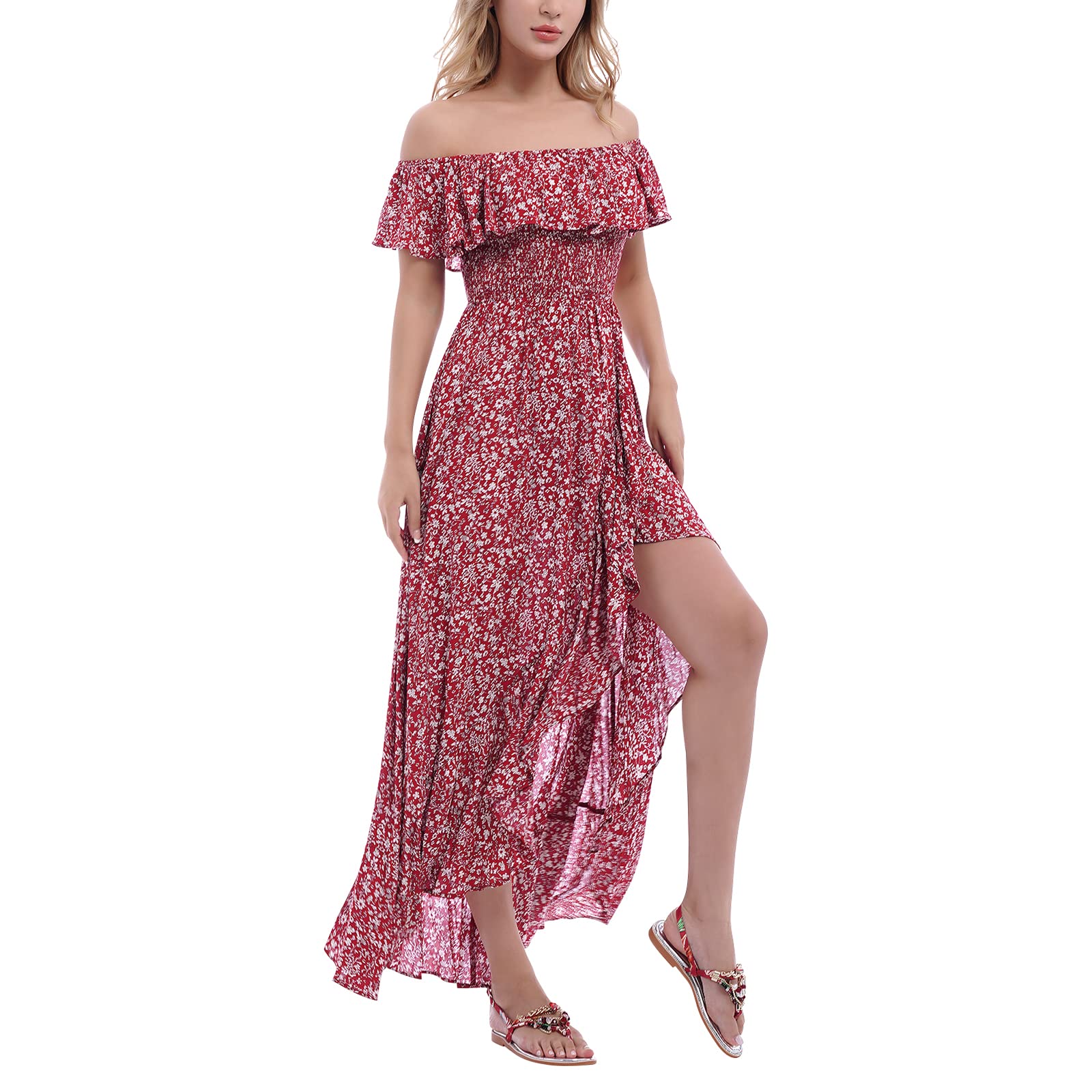 Boho Floral Off-Shoulder Maxi Dress for Women - Flowy Smocked Slit Summer Beach Dress - Perfect for Vacations, Weddings & Outdoor Parties