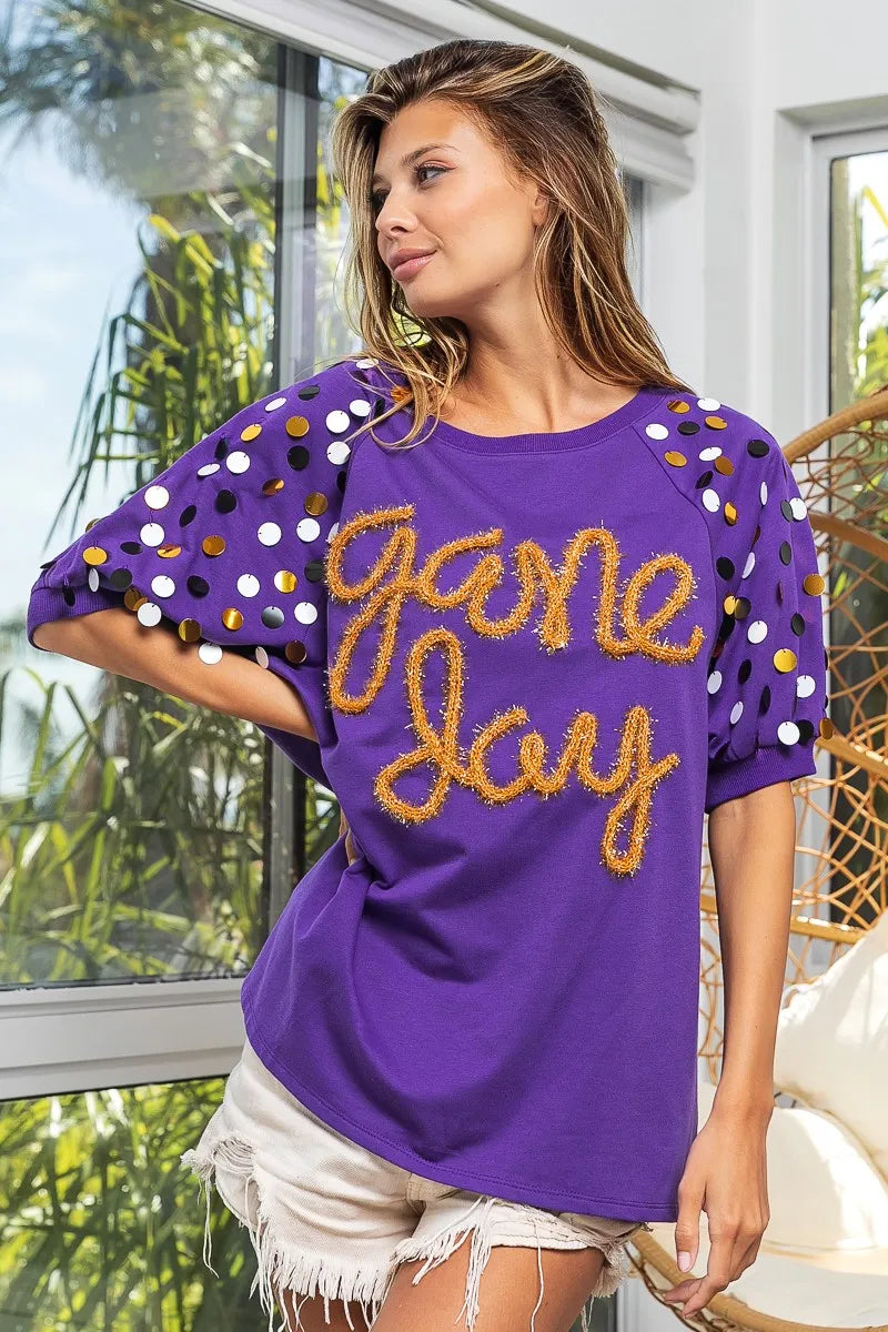 BiBi Game Day Metallic Letter Spangle Sleeve Top - Stylish Women's Party Blouse for Football Games, Concerts & Night Out