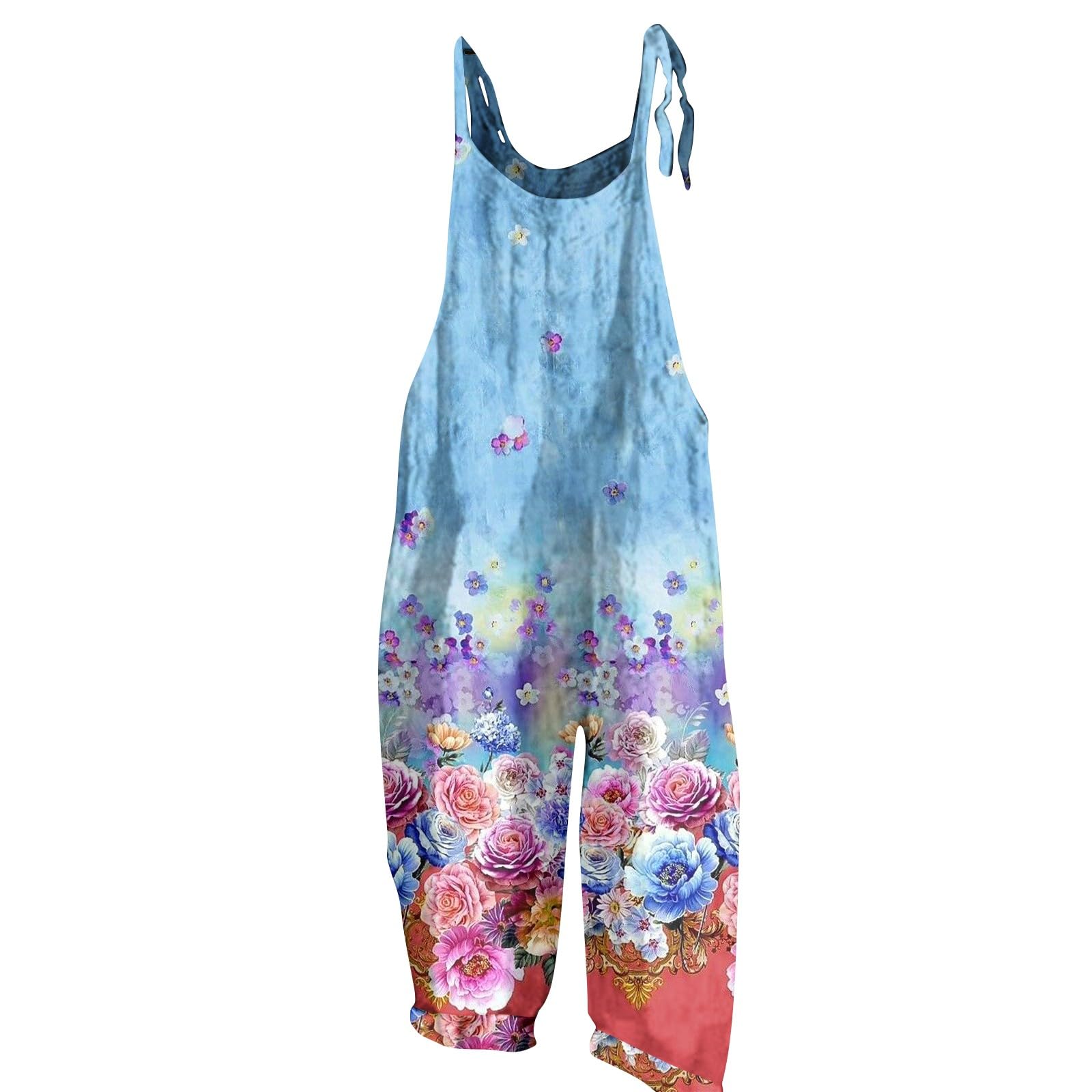 Women's Boho Floral Overalls - Loose Fit Wide Leg Jumpsuit with Pockets & Patchwork Bib | Summer Casual Outfit, Music Festival, Beach Vacation