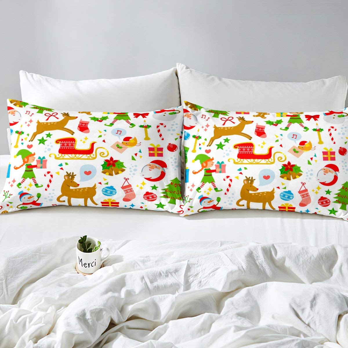 Erosebridal Kids Christmas Comforter Set - Santa Claus & Reindeer Cute Animal Cartoon Winter Theme Twin Size Duvet Cover with Pillowcase (2-Piece) for Child's Bedroom, Dorm Room & Holiday Decor