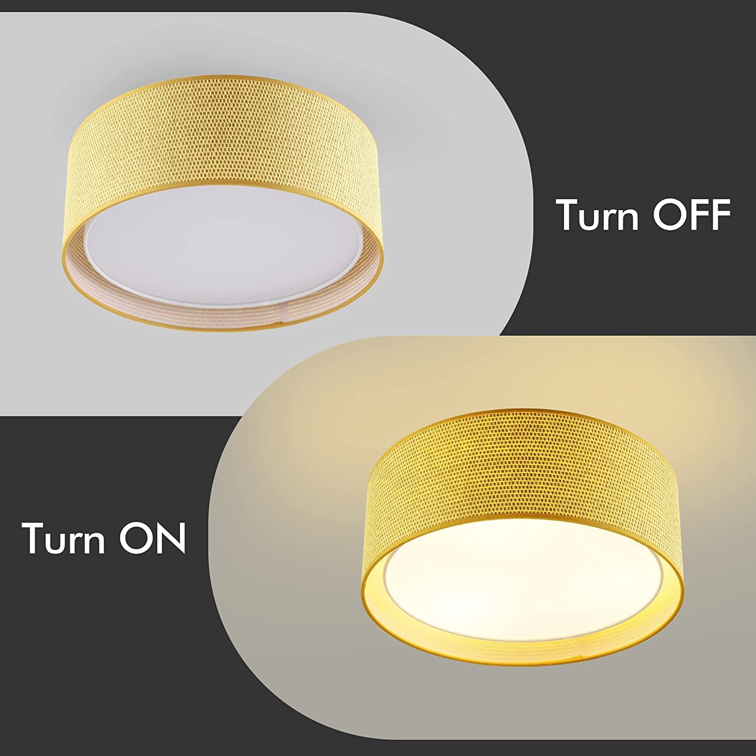 WINGBO 20 Inch Modern 5-Light Flush Mount Ceiling Light Fixture with Fabric & Acrylic Double Drum Shade - Elegant Lighting for Bedroom, Living Room, Dining Room, Hallway & Entryway in Flaxen - Perfect for Home Decor and Ambient Lighting