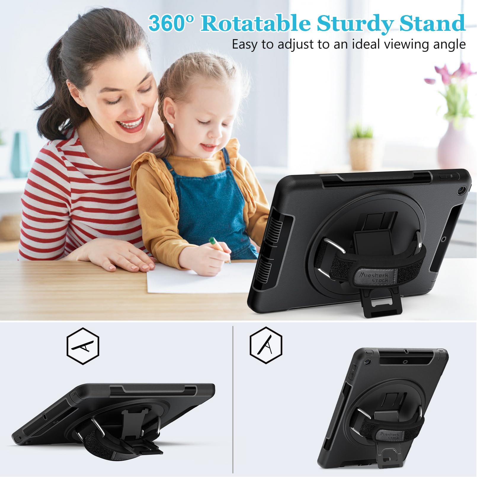 Premium Shockproof iPad Case for iPad 6th/5th Gen & iPad Air 2 (9.7 Inch 2018/2017 Models) - Heavy Duty TPU Protective Cover with Built-in Stand, Handle, Shoulder Strap & Apple Pencil Holder - Perfect for Work, Travel and School Use - Black