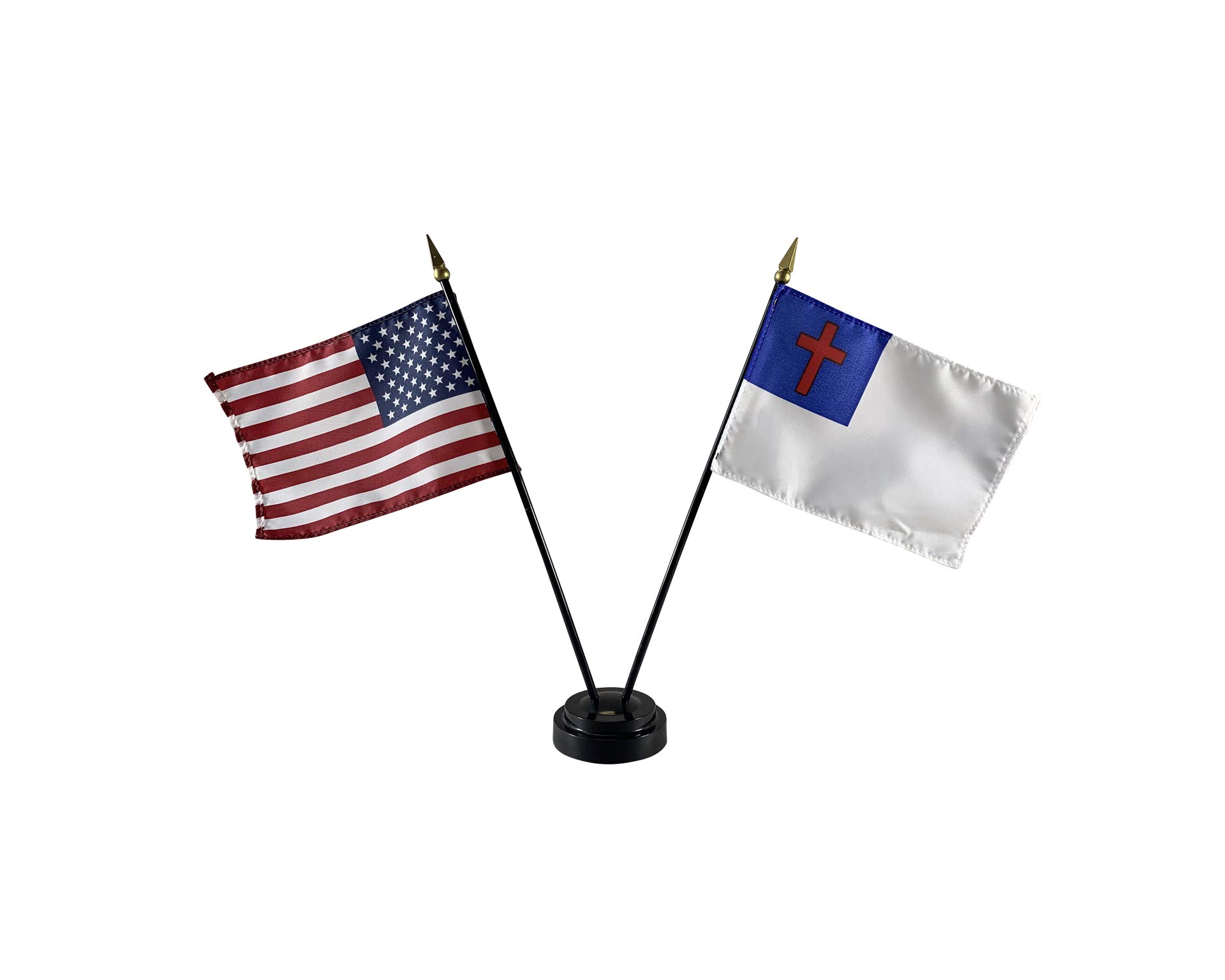 Set of 6 4x6 Inch E-Gloss Christian Stick Flags with U.S. Stick Flag & 2 Plastic Table Bases - Patriotic & Religious Decor for Home, Church, Events - Made in USA