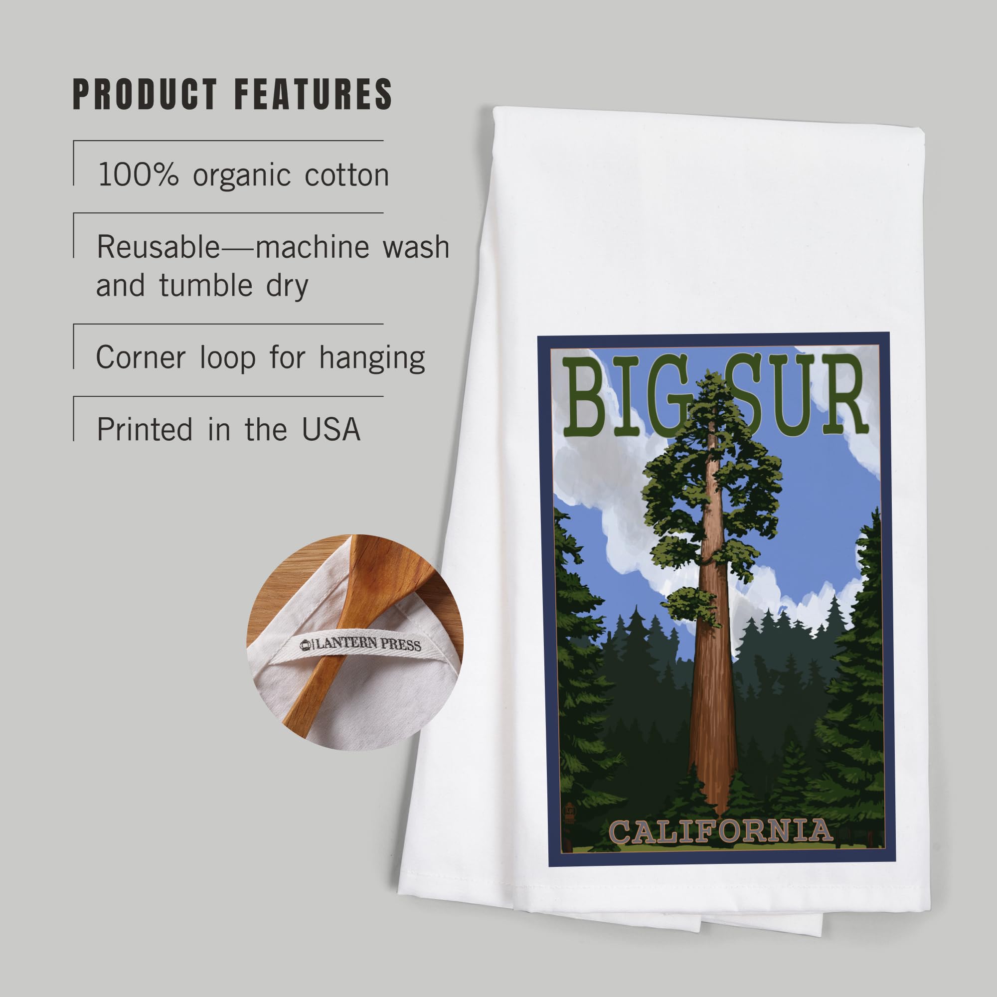 Lantern Press Big Sur California Redwood Tree 100% Cotton Tea Towel - Decorative Hand Towel for Kitchen, Home Decor & Gift - Perfect for Drying Dishes, Wall Art & Cozy Cabin Decor