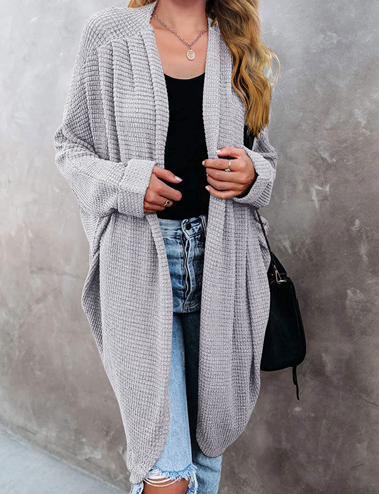 MEROKEETY Women's 2025 Fall Waffle Knit Batwing Long Sleeve Cardigan - Loose Open Front Sweater Coat for Casual Outfits & Layering | Perfect for Office, Coffee Dates & Autumn Evenings