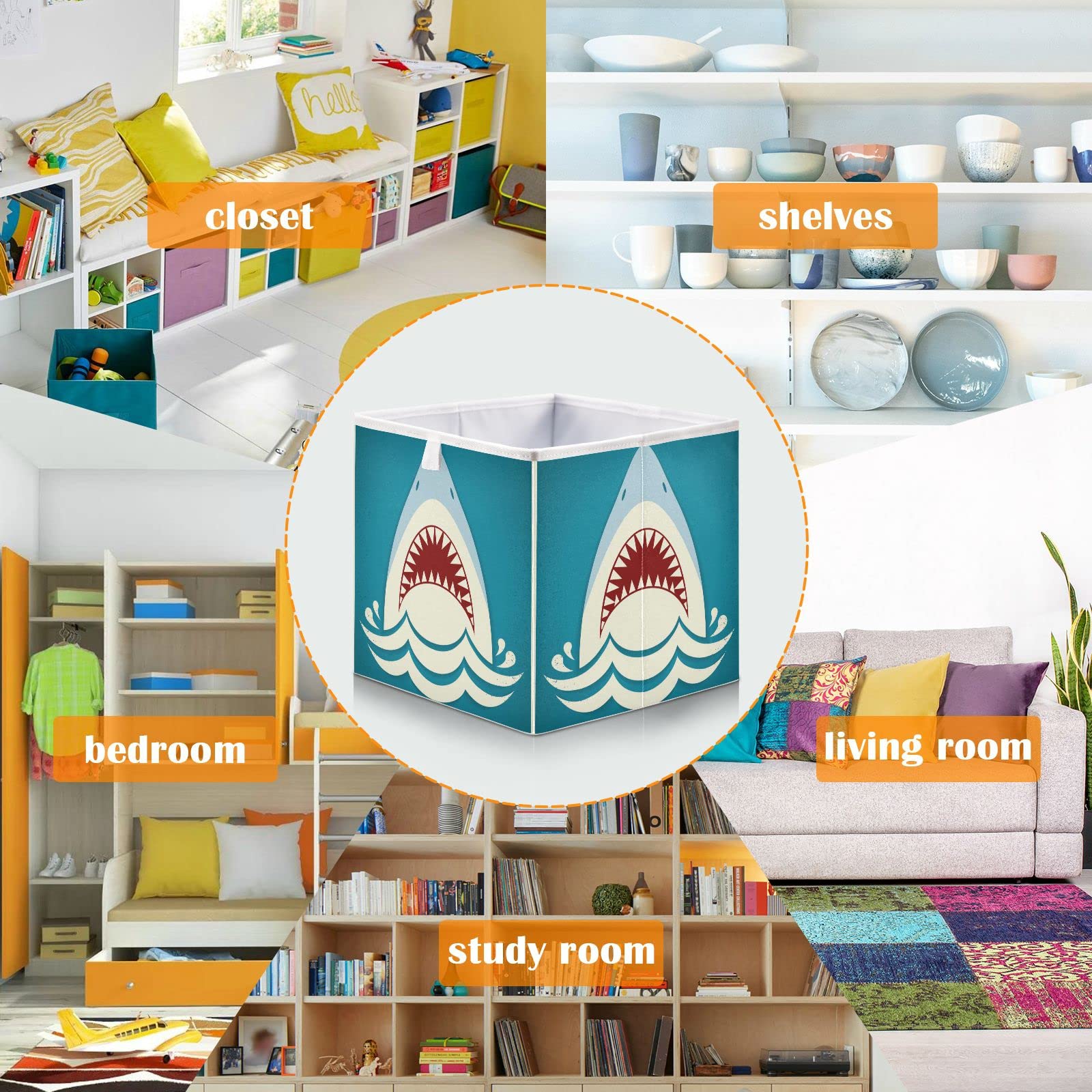 Shark Storage Basket - Collapsible Rectangular Closet Organizer Bin | Foldable Fabric Laundry Hamper & Home Organization Container | Perfect for Bedroom, Bathroom & Laundry Room Storage