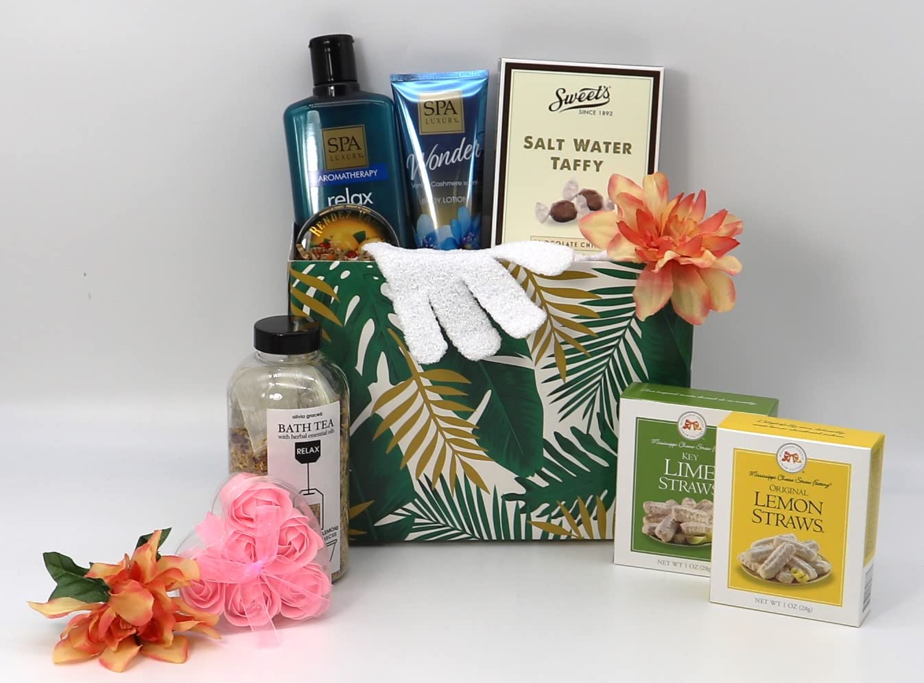 Gift Basket Village: Citrus Wave - Refreshing Taffy, Cookie Straws, Candy & Spa Items Gift Set | Perfect for Birthday, Anniversary & Holiday Gifts | Relaxing Self-Care & Party Treats