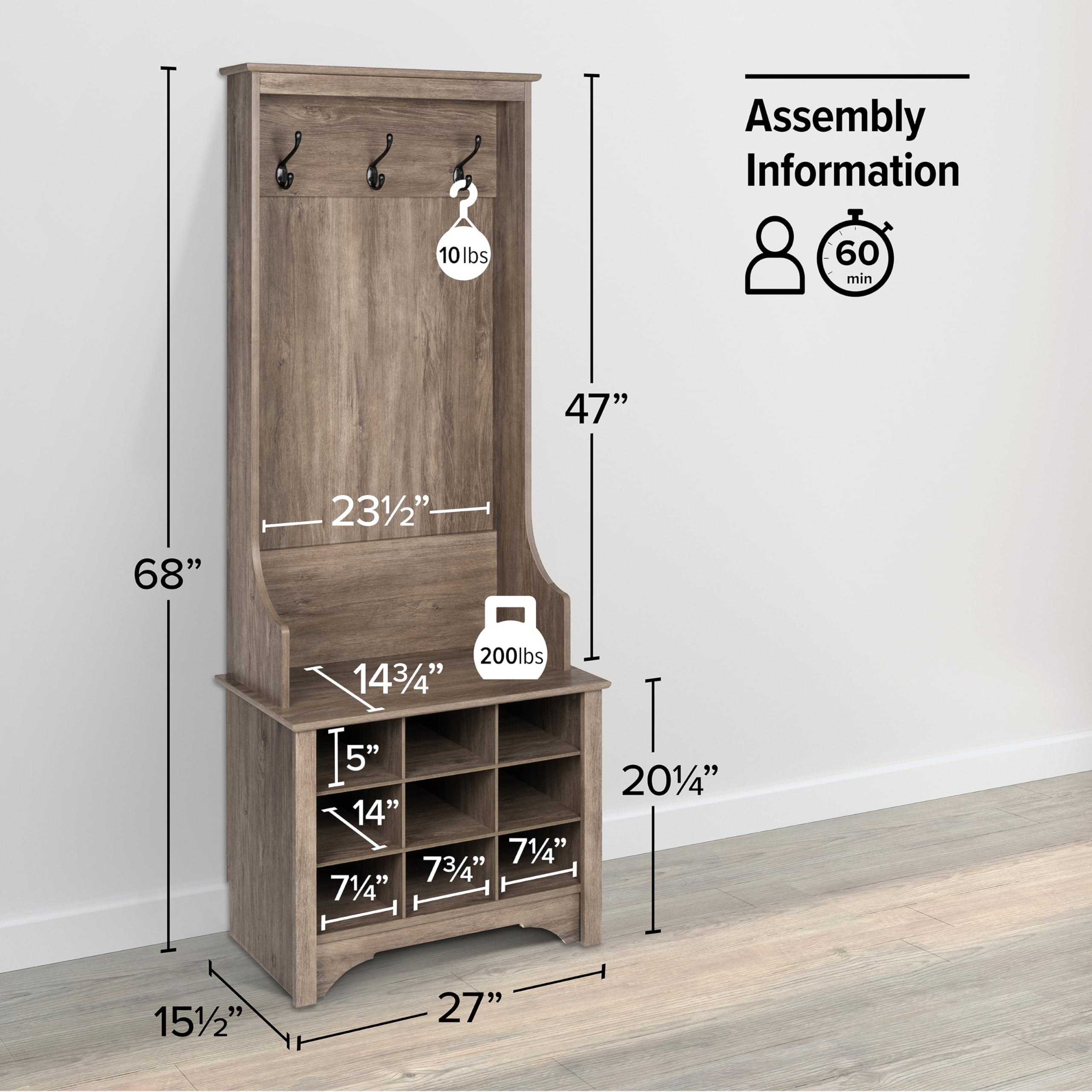 Prepac Gray Hall Tree Entryway Organizer - 9 Shoe Storage Cabinet with 3 Double Coat Hooks, 15.5