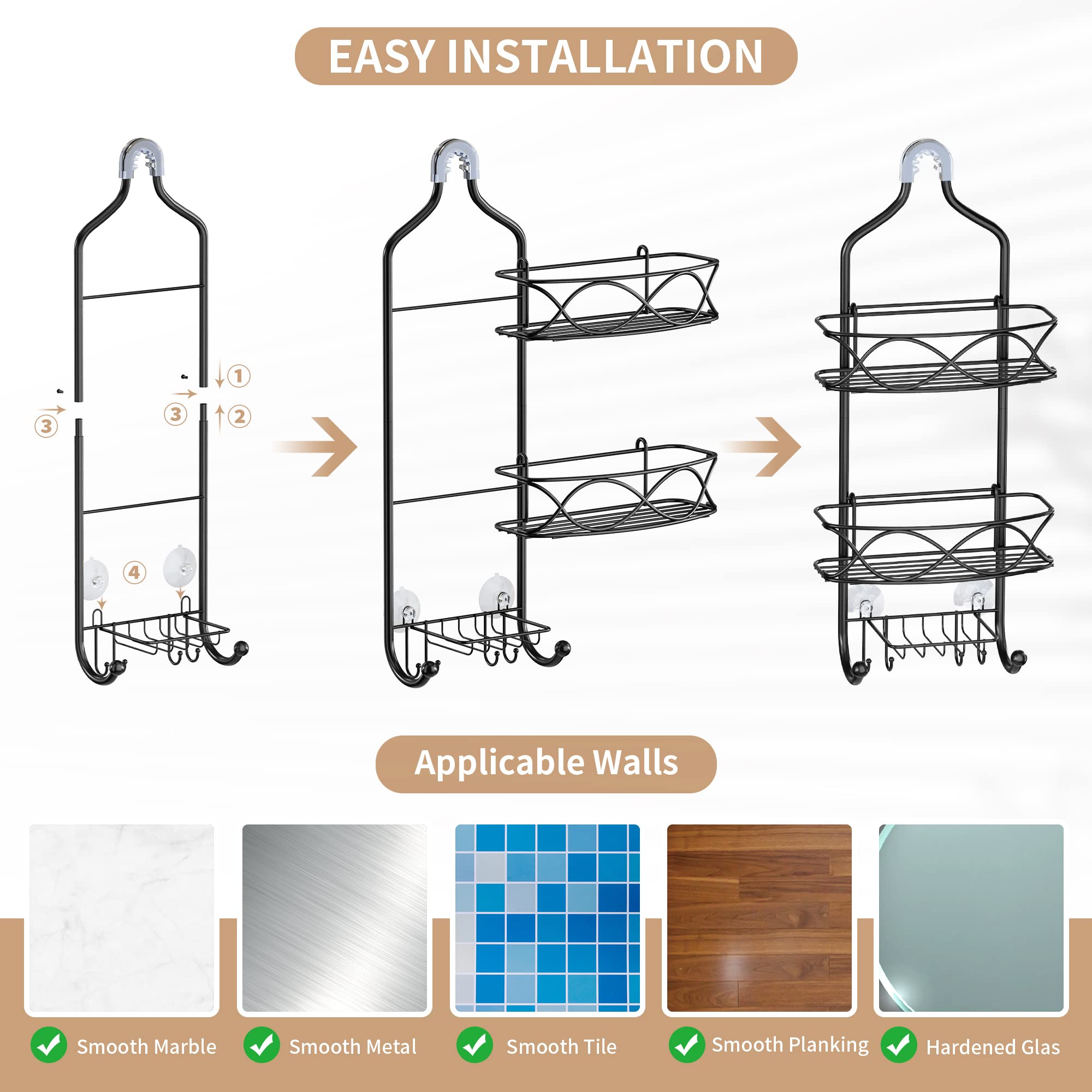 Black Rust-Proof Metal Hanging Shower Caddy - Large Bathroom Organizer for Shampoo, Conditioner, Body Wash, Soap, Razors & Sponges | Over Shower Head Storage Solution for Small Bathrooms & Apartments
