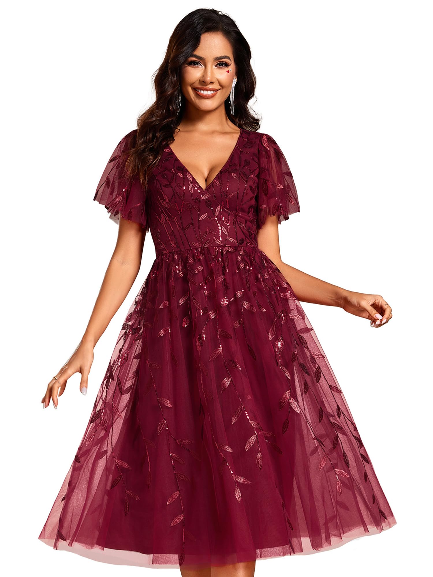 Ever-Pretty Women's Elegant A-Line Embroidery Tulle Sequins Short Sleeves Midi Dress for Wedding Guest, Party, Cocktail & Special Occasions - Style 02230