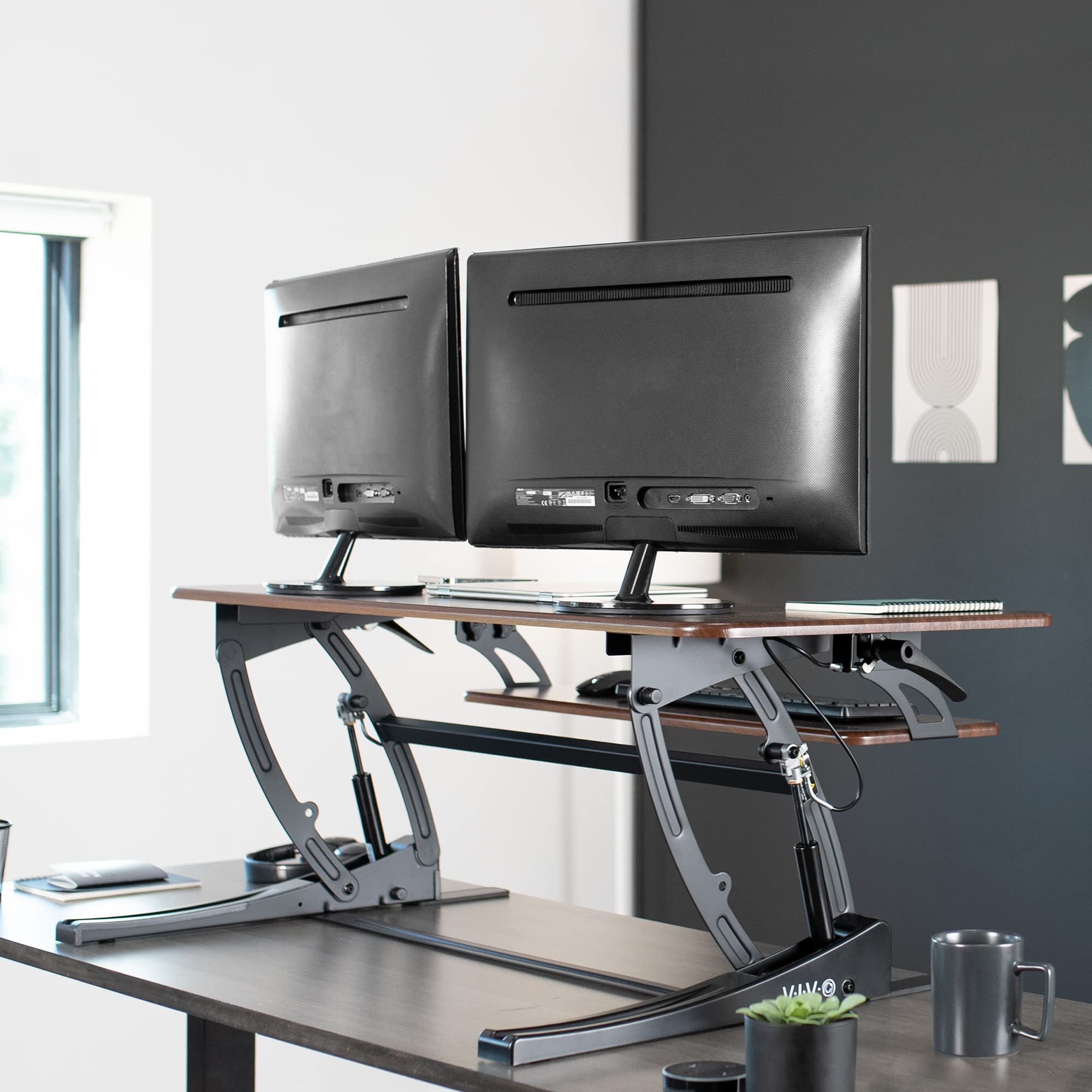 VIVO Dark Wood Height Adjustable 91cm Stand Up Desk Converter - Quick Sit to Stand Tabletop Dual Monitor Riser Workstation for Home & Office (DESK-V000VD) | Ergonomic Workspace Solution for Computer, Laptop & Monitor Setup