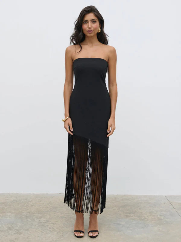 Eliana Bandeau Asymmetric Fringed Dress - Black | Women's Boho Chic Party Outfit for Summer Beach & Night Events
