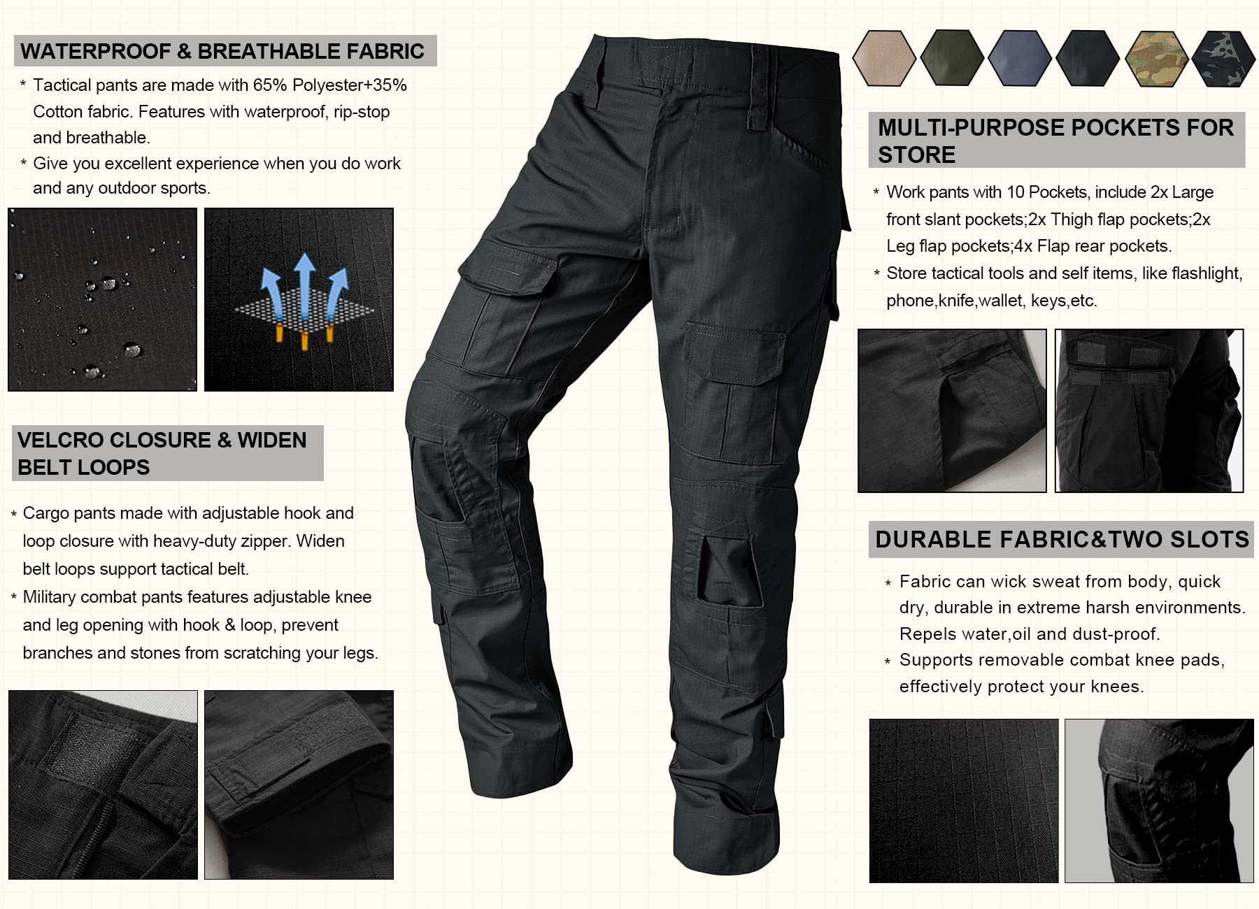 **Men's Tactical Cargo Pants - Camo Ripstop Outdoor Hiking & Work Pants with Multi-Pockets (No Belt/Kneepad) - Perfect for Hunting, Camping & Military Use**