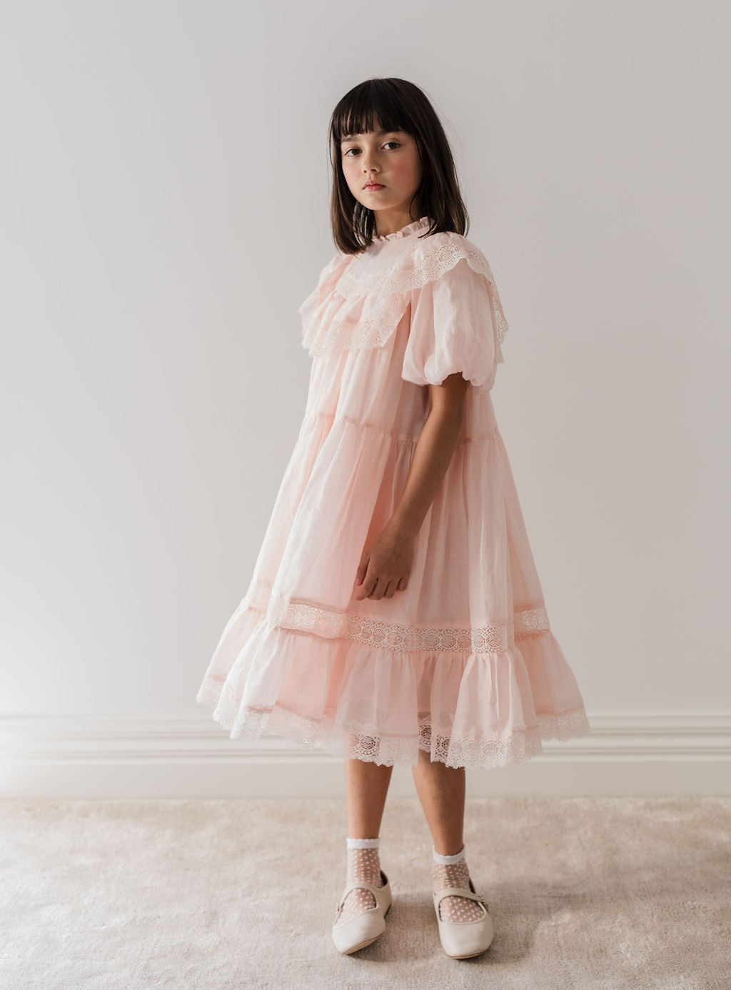Petite Amalie Short Sleeve Poppy Lace Trim Soft Peach Dress - Perfect for Spring Weddings & Garden Parties