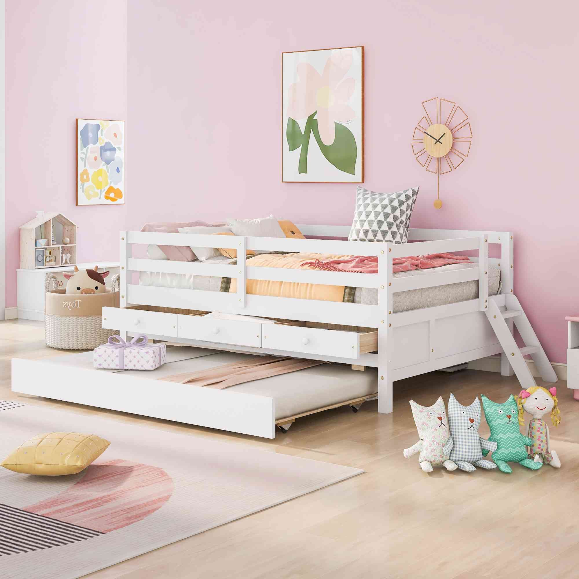 Cotoala Full Size Low Loft Bed with Climbing Ladder & Storage Drawers - Twin Trundle Bed with Safety Rail - Easy Assembly No Box Spring Needed - Perfect for Kids Bedroom, Small Spaces & Dorm Rooms