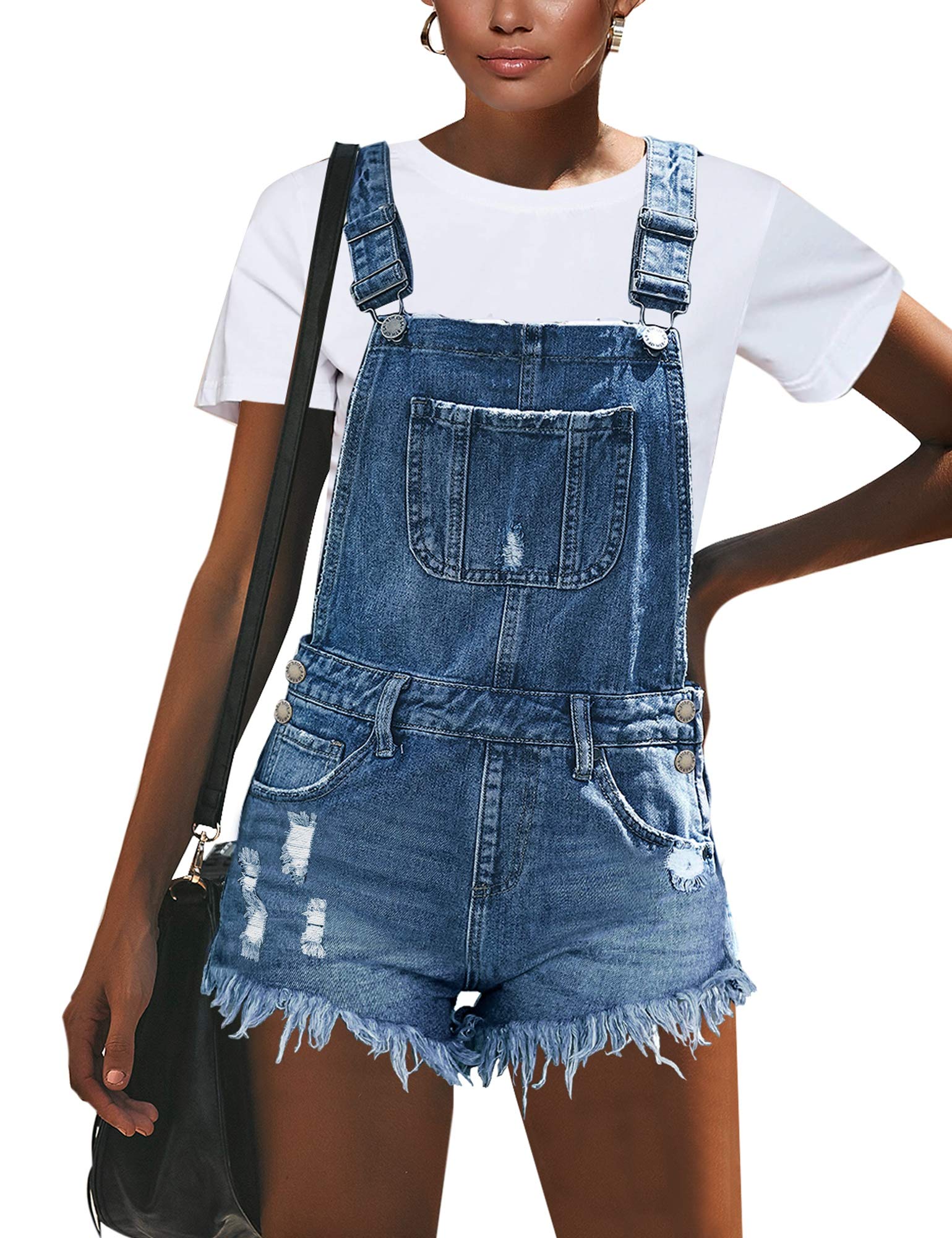 LookbookStore Women's Ripped Denim Bib Overalls Shorts - Raw Hem Distressed Denim Shortalls for Women | Casual Summer Outfit, Music Festival, Streetwear Fashion