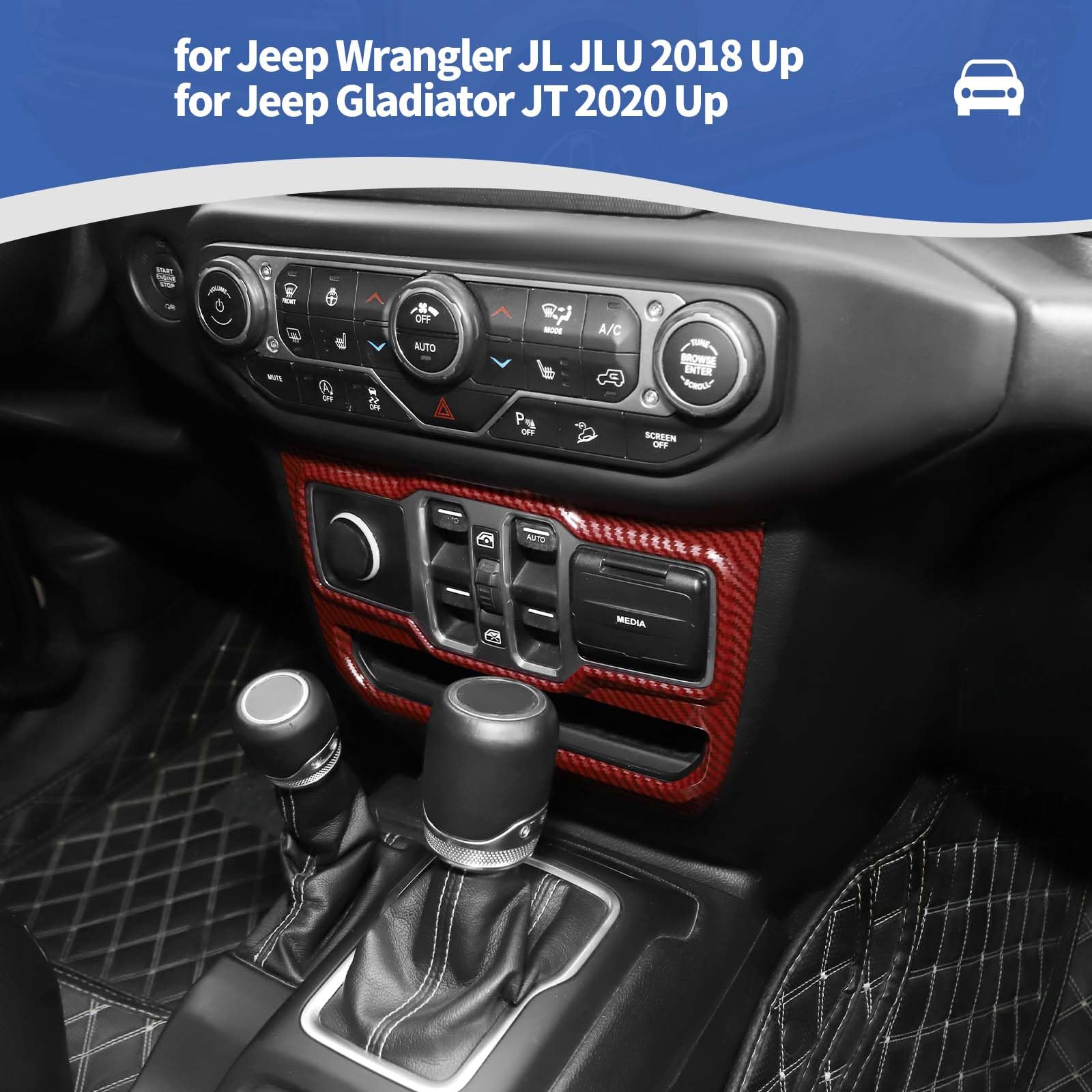RT-TCZ Red Carbon Fiber Center Dash Window Switch Panel Trim Cover for Jeep Wrangler JL JLU & Gladiator JT (2018-2024) - Interior Upgrade Accessories for Off-Roading & Daily Driving