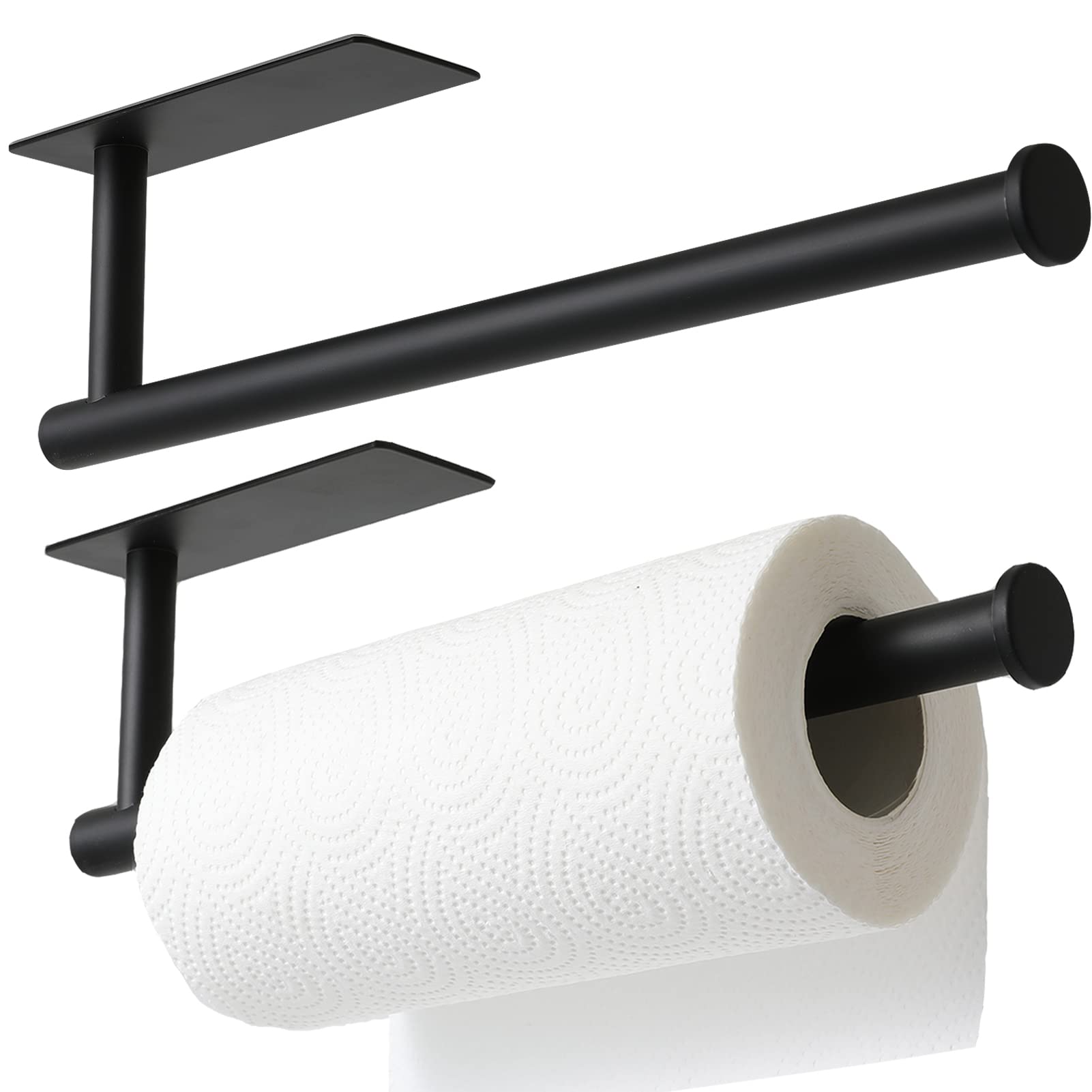 2-Pack Under Cabinet Paper Towel Holder - Matte Black Wall Mount Kitchen & Bathroom Towel Rack, Adhesive SUS304 Stainless Steel Roll Dispenser for Easy Access - Perfect for Small Spaces, RVs, and Office Break Rooms