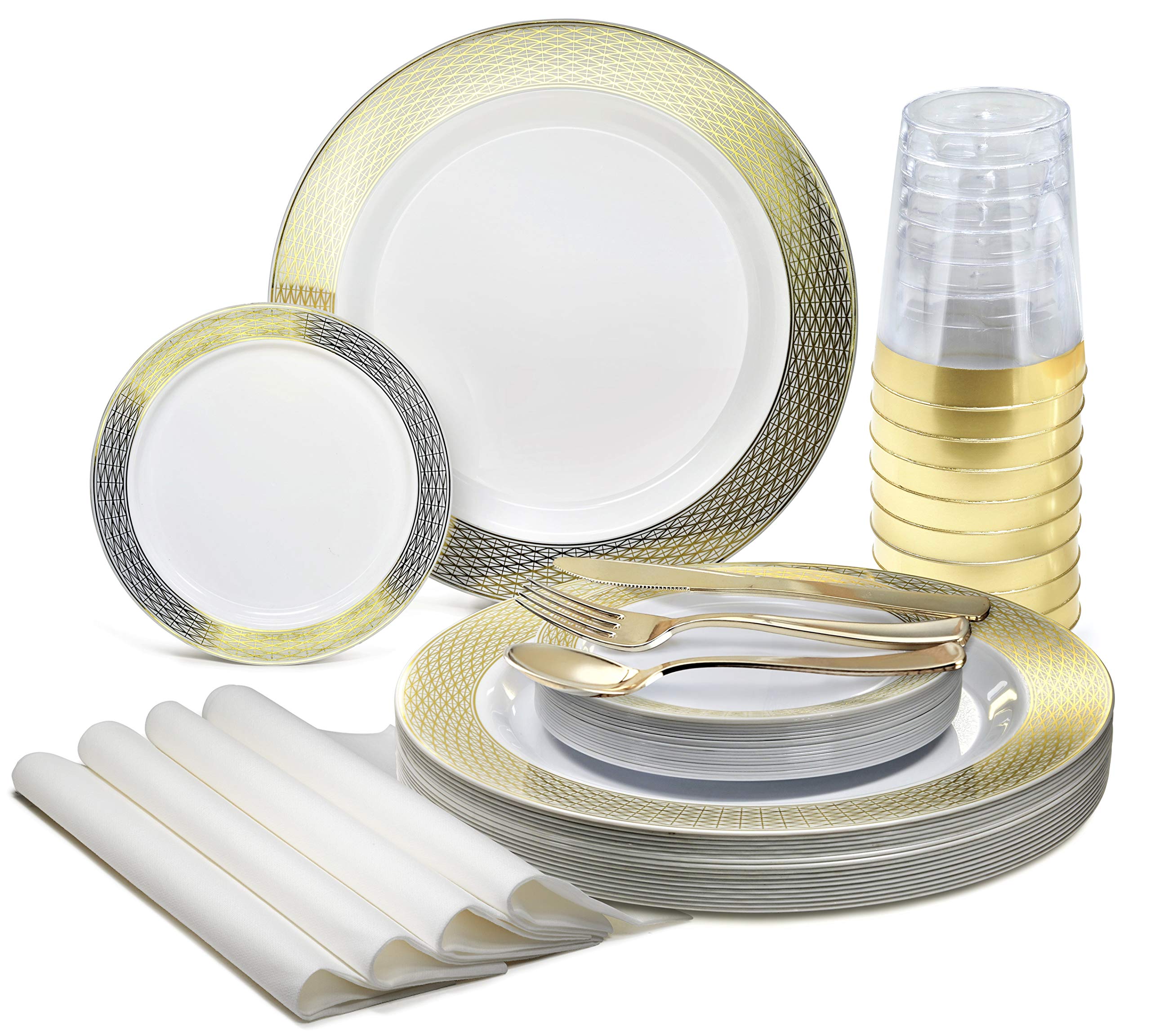 560-Piece Heavyweight Disposable Plastic Plate Set for 80 Guests - 10.5'' & 6.25'' Plates, Gold Silverware, Cups & Napkins in Diamond White & Gold - Perfect for Weddings, Parties & Special Events