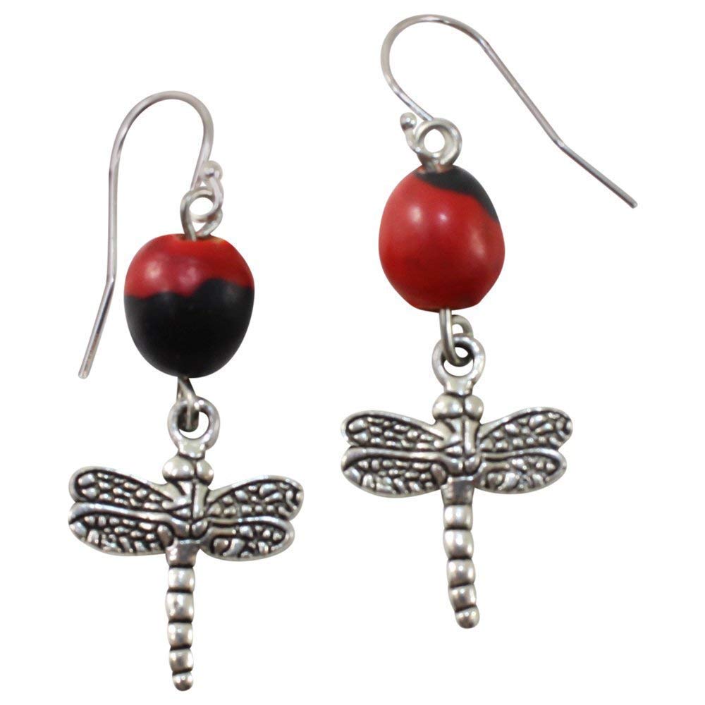 Silver Dragonfly Charm Earrings - Symbol of Power, Strength & Wisdom - Handmade Dangling Red Beaded Jewelry (1.25 inch) with Peruvian Good Luck Seeds - Perfect Gift for Women - Birthday, Anniversary, Mother's Day & Special Occasions