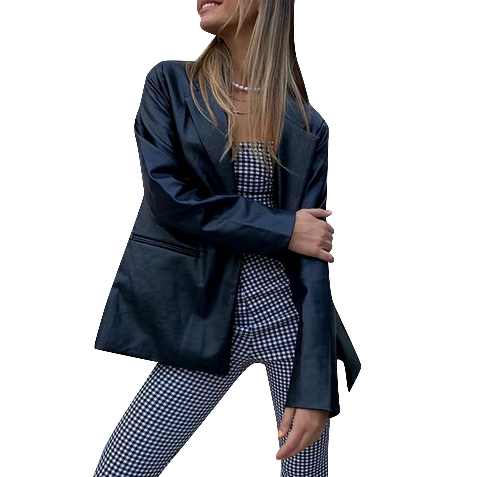 Women's Faux Leather Jacket - Long Sleeve Black Motorcycle Style Jacket with Zipper Closure, Faux Pockets, Slim Fit Casual Blazer for Fall & Winter Fashion | Perfect for Office Wear, Night Out, and Daily Street Style