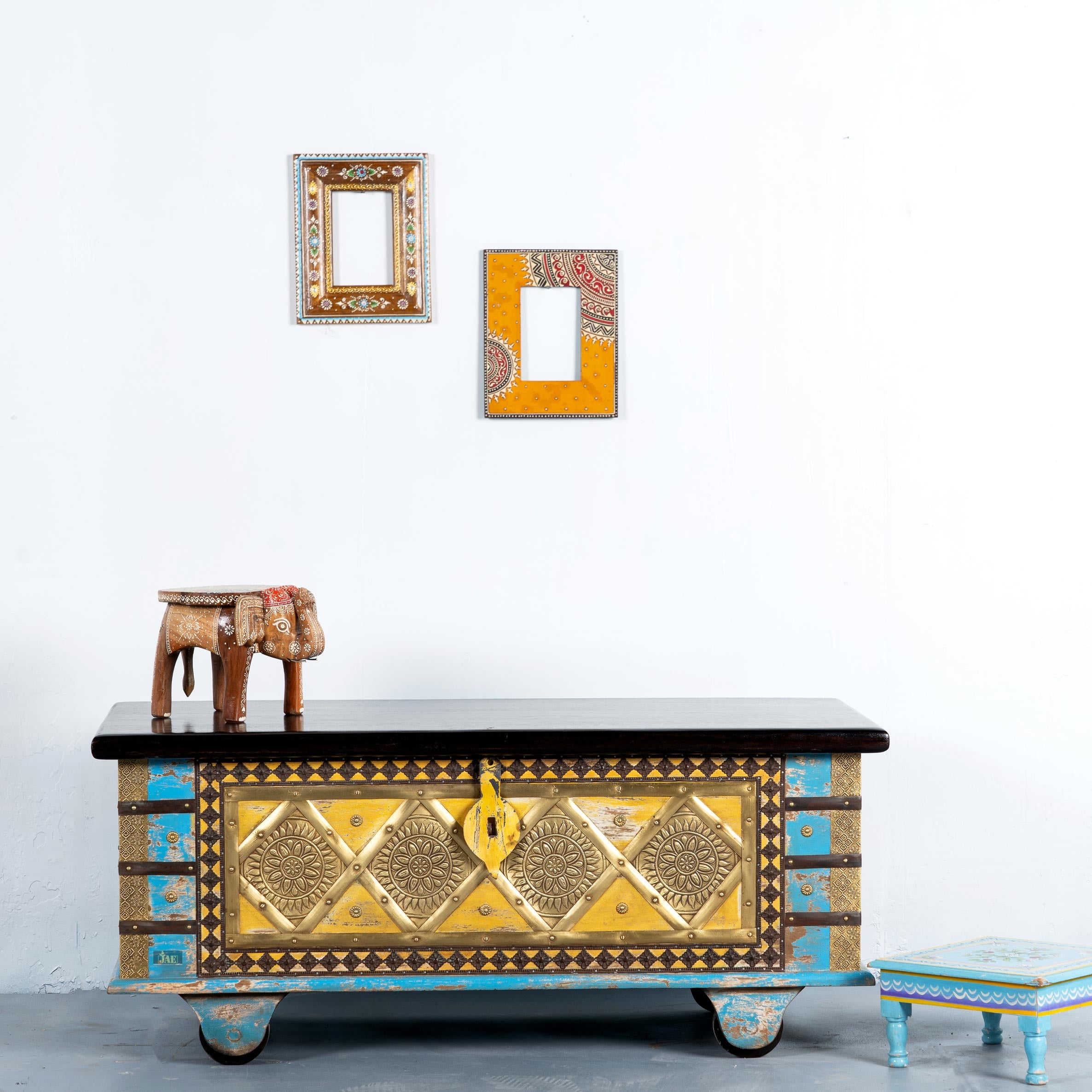 Handmade Embossed Mango Wood Coffee Table with Brass Fittings - Distressed Blue Finish | Rustic Living Room Furniture, Boho Home Decor, Centerpiece for Lounge & Bedroom