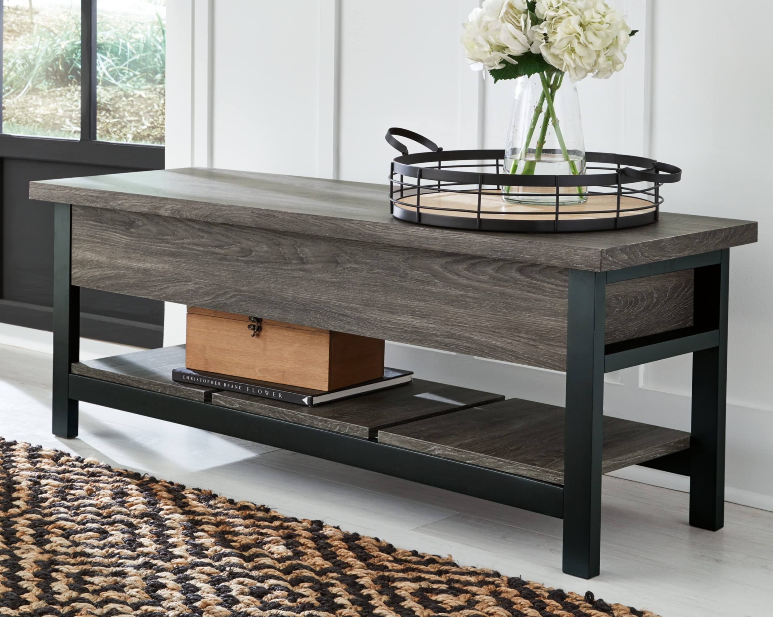 Signature Design by Ashley Rhyson Rustic Farmhouse Storage Bench - Brown Wooden Entryway Bench with Lift-Up Seat for Shoe Storage | Perfect for Mudroom, Living Room & Bedroom Organization