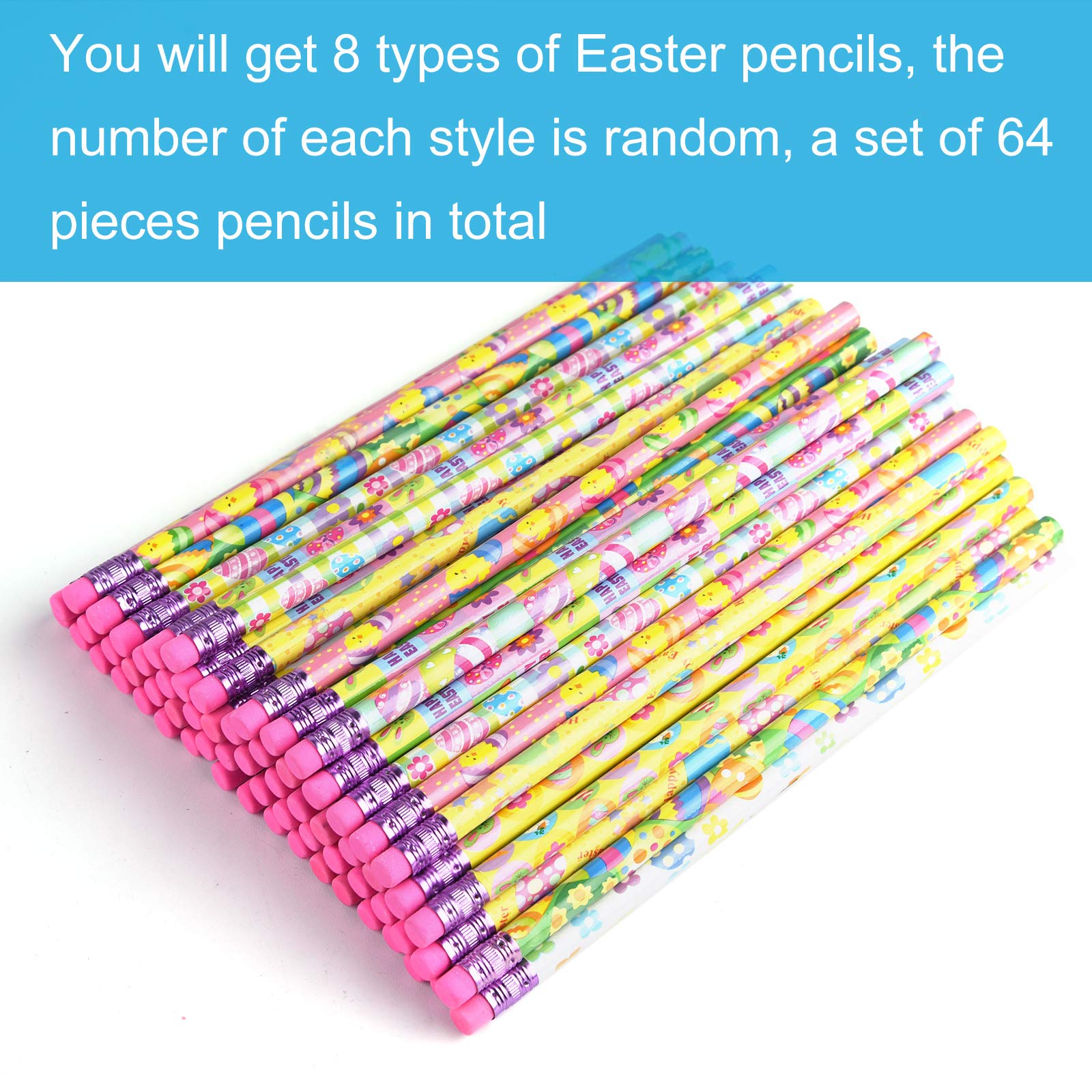 PLULON 64-Pack Easter Themed Pencils - Colorful Bunny & Egg Design School Supplies, Party Favors for Kids - Perfect for Classroom Gifts, Easter Basket Fillers, and Children's Party Giveaways