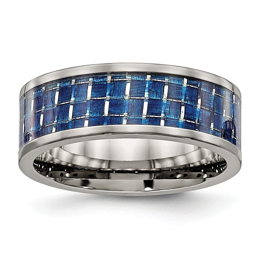 Titanium Wedding Band Ring for Men - 8mm Polished Blue Carbon Fiber Inlay, Comfort Fit, Durable & Lightweight - Perfect for Engagement, Anniversary & Everyday Wear