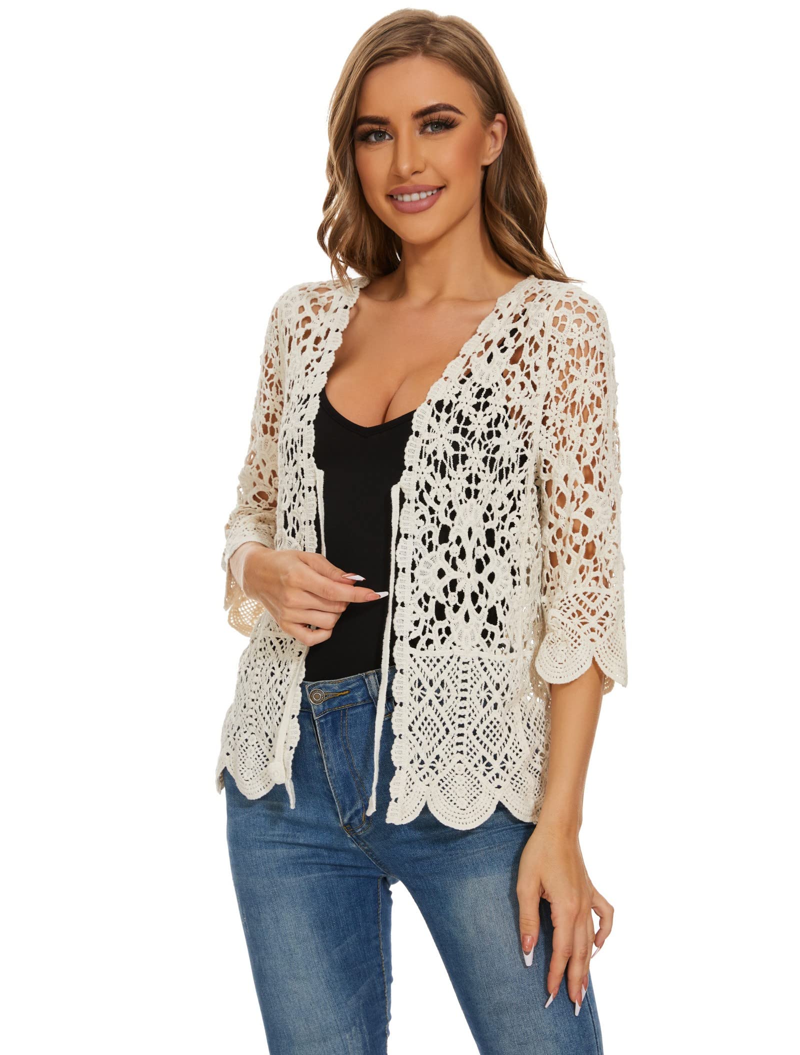 Women's Boho Floral Lace Crochet Cardigan - 3/4 Sleeve Cotton Cover Up for Casual Wear | Perfect for Beach, Spring Outfits & Layering