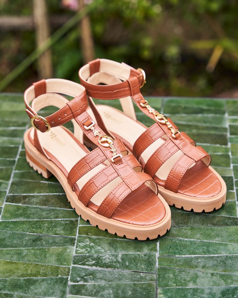 Hyacinth Vegan Leather Wide Strap Symbol Sandals for Women | Camel Crocodile Embossed | Comfortable Summer Casual Shoes for Beach, Vacation & Daily Wear