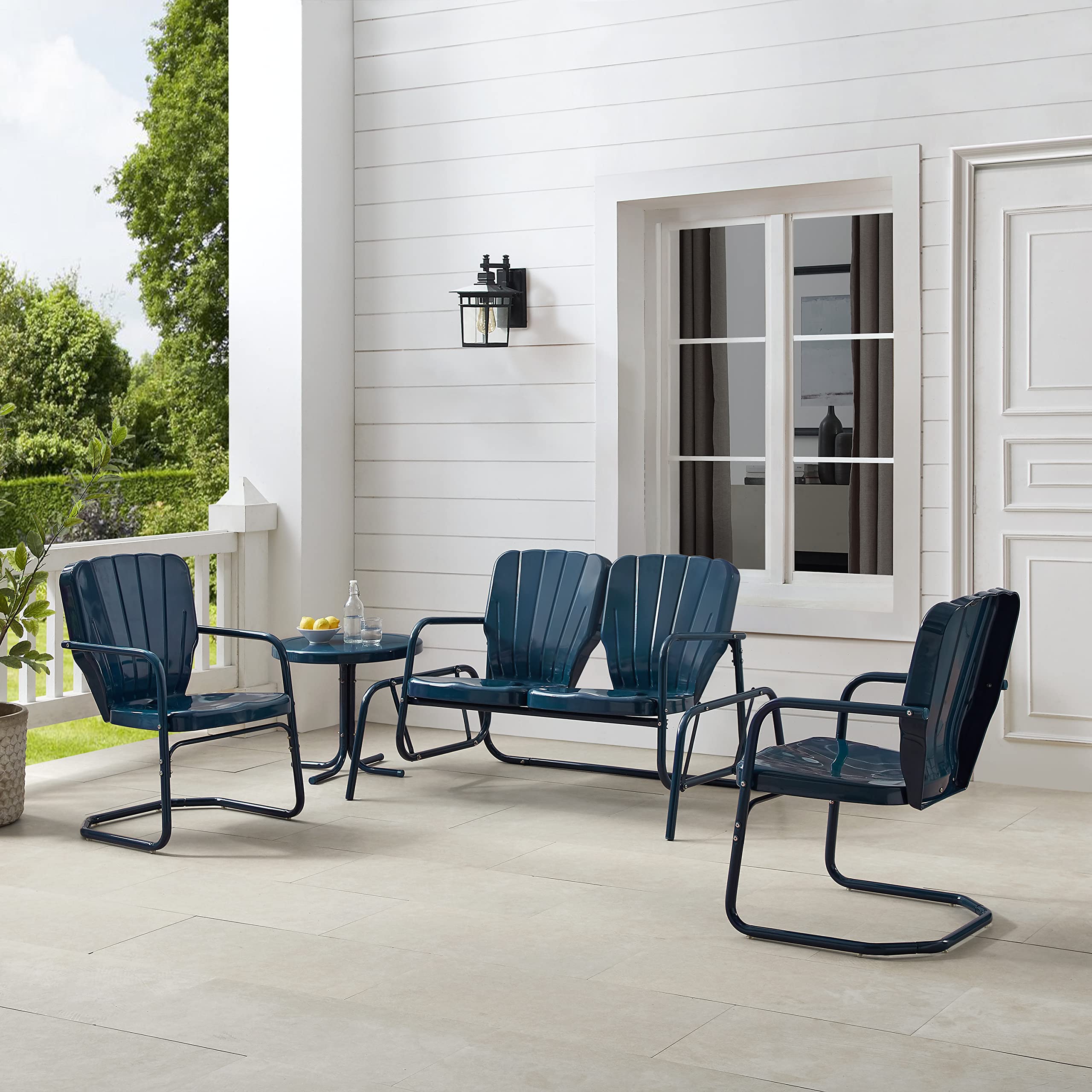 Crosley Furniture Ridgeland 4-Piece Retro Metal Outdoor Loveseat Glider Patio Set - Navy Gloss Finish - Perfect for Porch, Deck, Garden & Backyard Relaxation