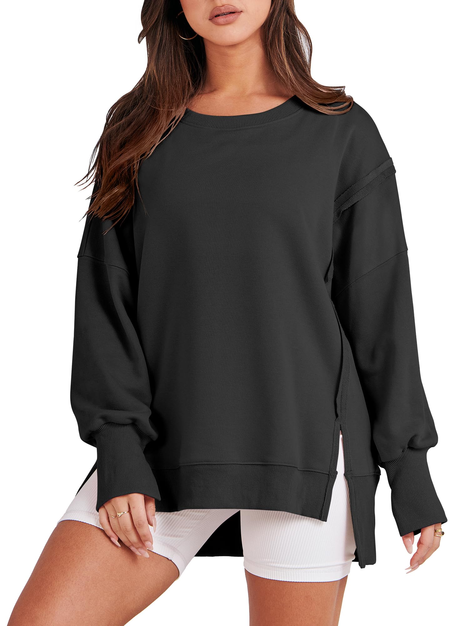 ANRABESS Women's Oversized Sweatshirt - Soft Crewneck Long Sleeve Pullover - Casual Loose Fit with Side Slits - Cozy Fall Winter Fashion 2025 - Perfect for Lounge, Travel & Streetwear Outfits