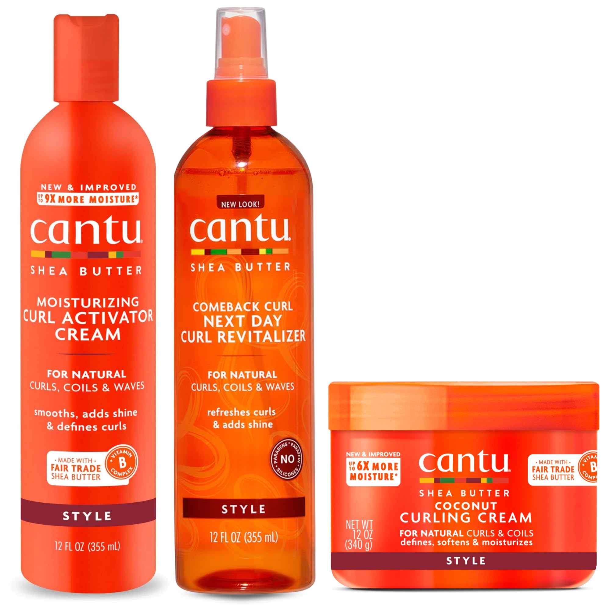 **Cantu Shea Butter Comeback Curl Next Day Revitalizer, Curl Activator Cream & Coconut Curling Cream Set (3-Pack) – Hydrating Hair Care for Curly, Coily & Wavy Hair – Perfect for Daily Styling & Frizz Control**
