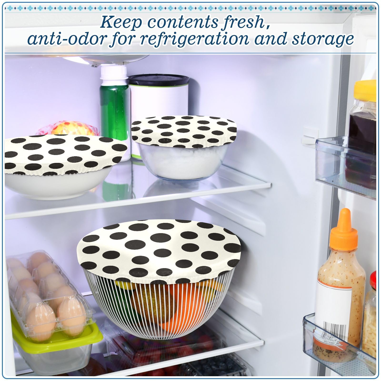 5-Pack Reusable Elastic Bowl Covers - Stretchable Fabric Food Storage Lids for Kitchen (5 Sizes, Black & White Dots) - Perfect for Fruits, Dough, Leftovers, Bread Proofing & Meal Prep
