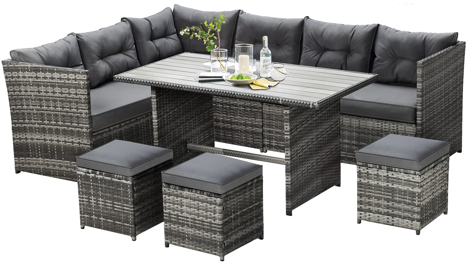 LayinSun 7-Piece Patio Furniture Set - Outdoor Wicker Rattan Sectional Sofa with Dining Table & Ottomans for Backyard, Poolside & Garden Relaxation