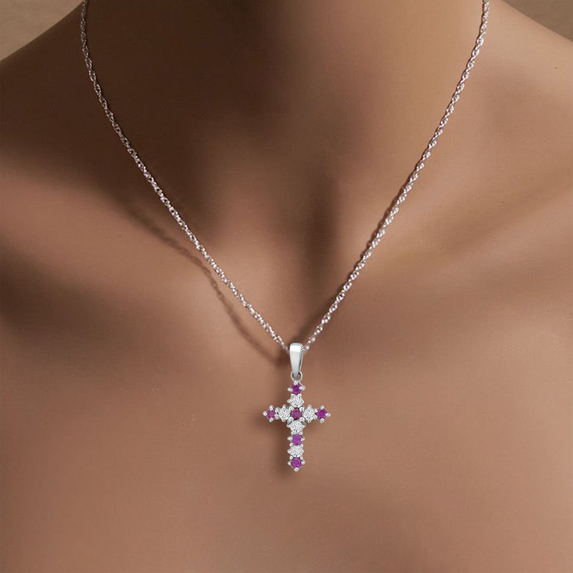 0.5 Carat Ruby & Diamond Cross Pendant Necklace in 14K White Gold - Elegant Gift for Women, Perfect for Weddings, Anniversaries & Special Occasions