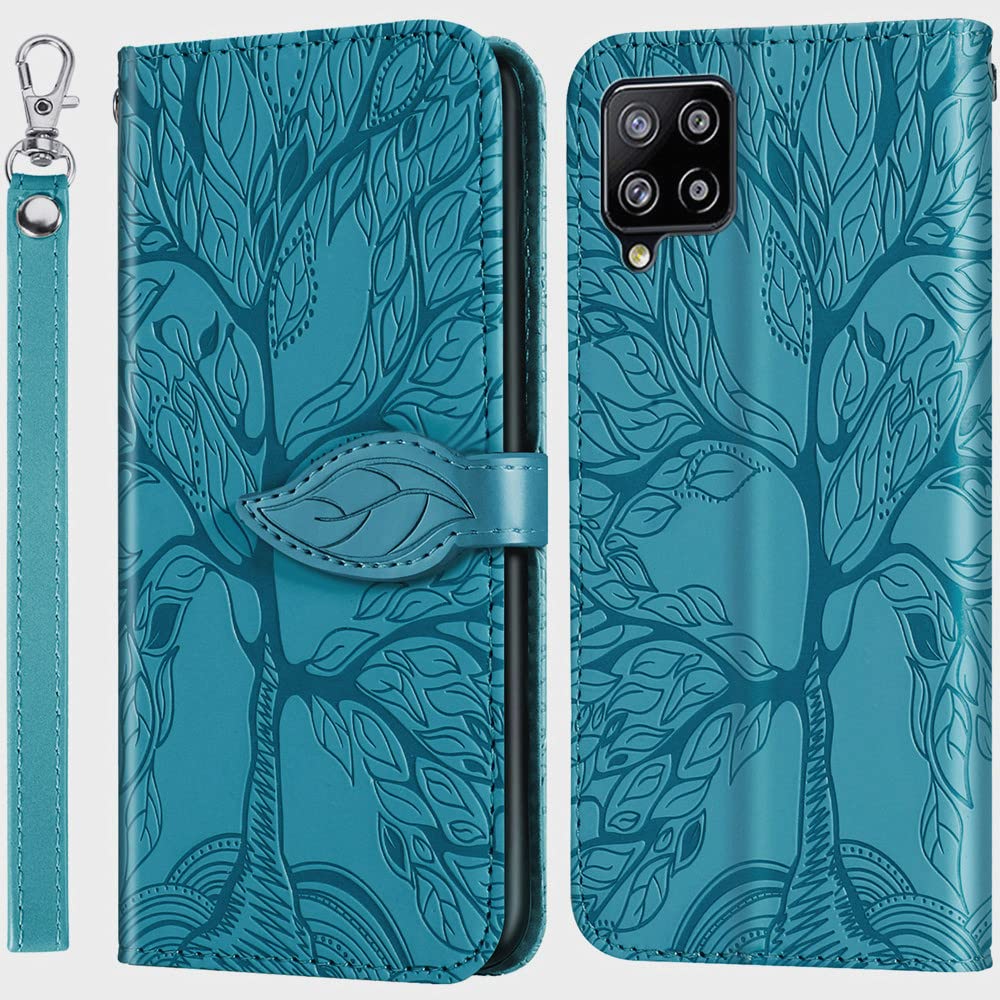 Premium PU Leather Samsung Galaxy A12 Case with Kickstand & Card Slots - Embossed Tree Design, Folio Flip Cover with Wrist Strap for 6.5