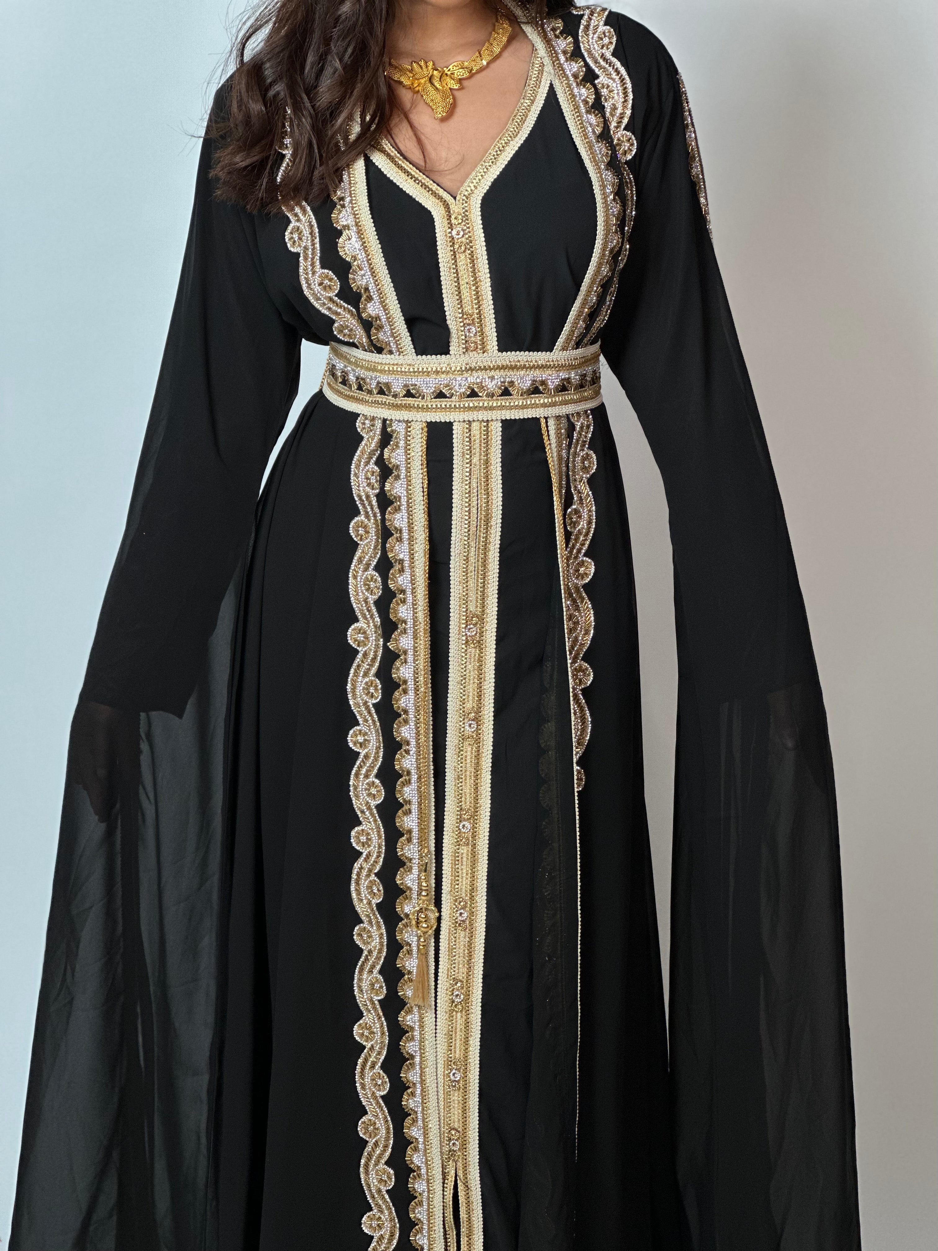 Elegant Black & Gold Khaleej Kaftan - Traditional Middle Eastern Dress for Women - Perfect for Weddings, Parties, and Special Occasions