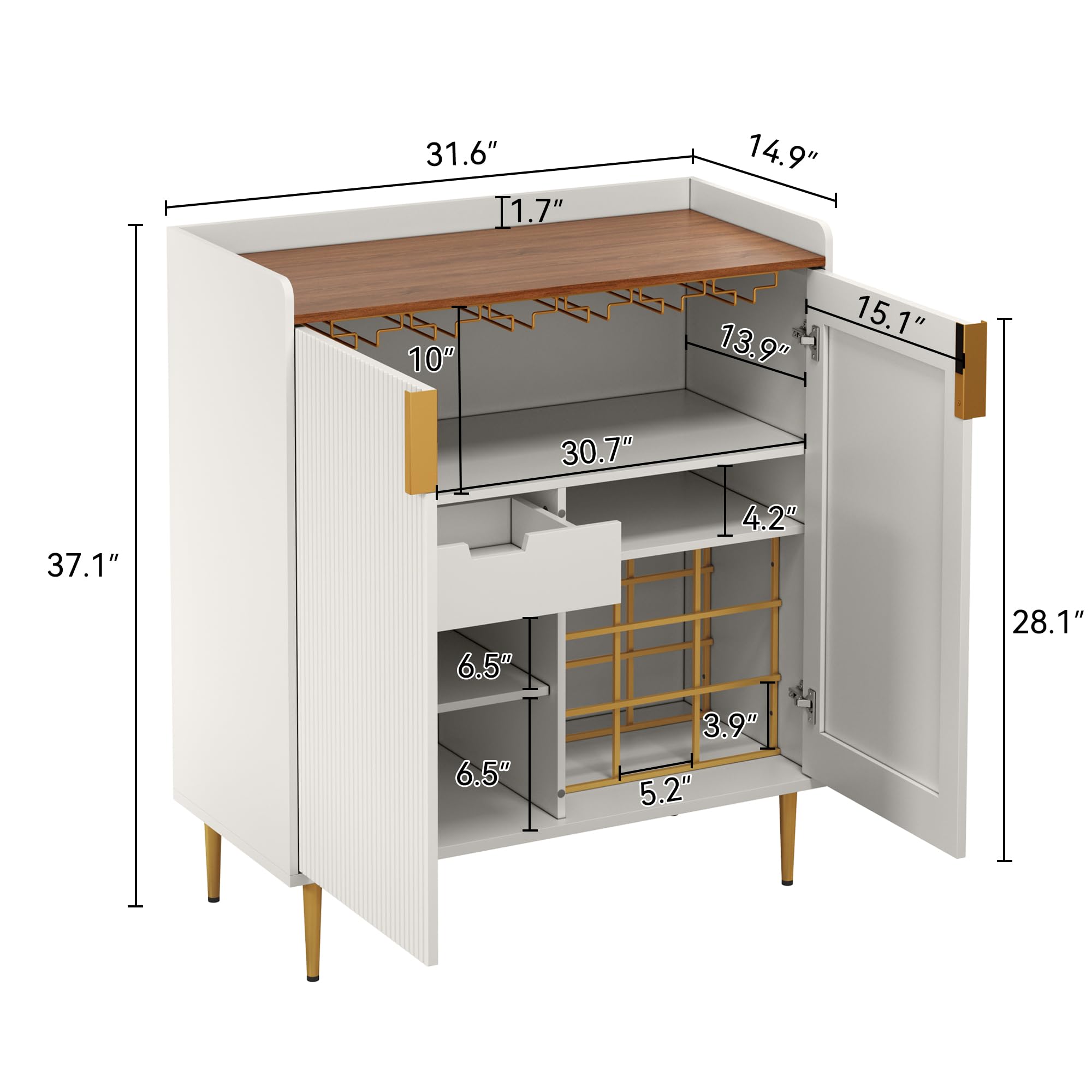 Modern White Wine Bar Cabinet with Fluted Texture - Freestanding Kitchen Buffet Sideboard with Wine Rack & Glass Holder for Dining Room, Living Room | Perfect for Home Entertaining, Wine Storage & Stylish Kitchen Organization