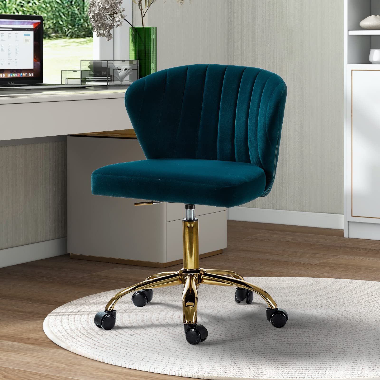 TINA'S HOME Modern Velvet Office Chair with Wheels - Adjustable Low Back Swivel Rolling Task Chair, Gold Base Armless Desk Chair for Home Office, Living Room, Vanity & Study (Teal Blue) | Ergonomic Comfort for Work & Relaxation