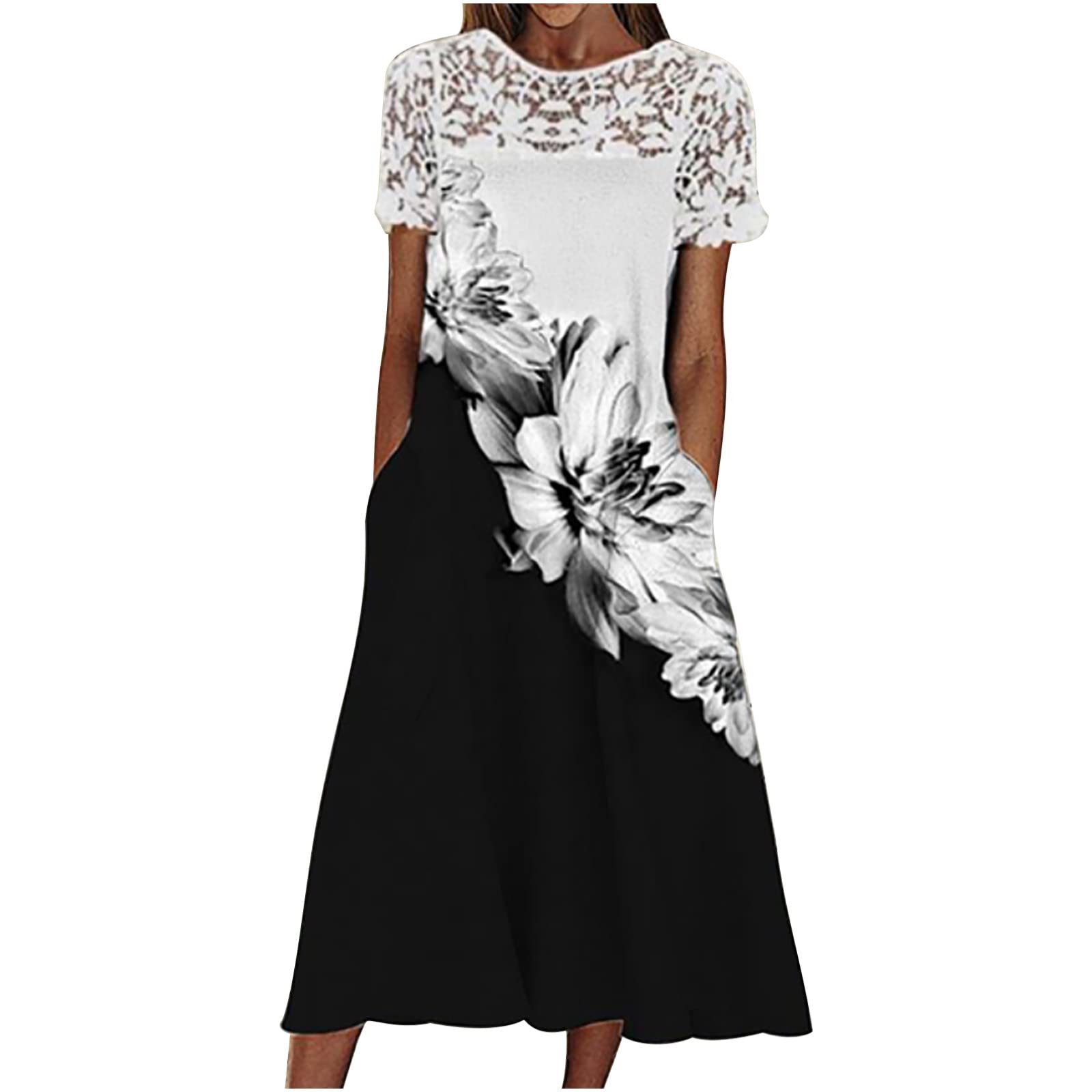 Hollow Lace Crewneck Dress for Women - Ink Floral Printed Loose Casual Elegant Midi Dress with Short Sleeves | Perfect for Summer Outfits, Beach Vacations, Date Nights and Office Wear