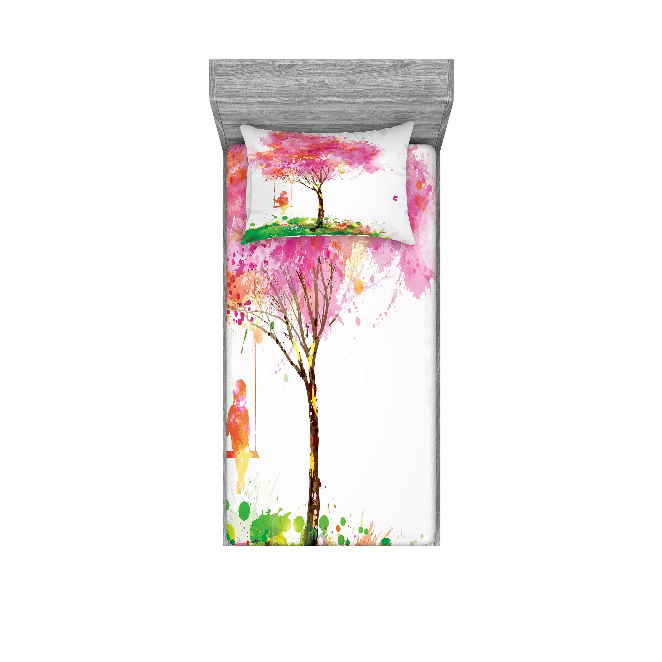 Ambesonne Spring Fitted Sheet & Pillow Sham Set - Watercolor Blossoming Tree & Girl on Swing Childhood Memory Design, 2-Piece Twin XL Printed Bedding Set, Multicolor | Perfect for Kids' Rooms, Guest Bedrooms & Spring-Themed Decor