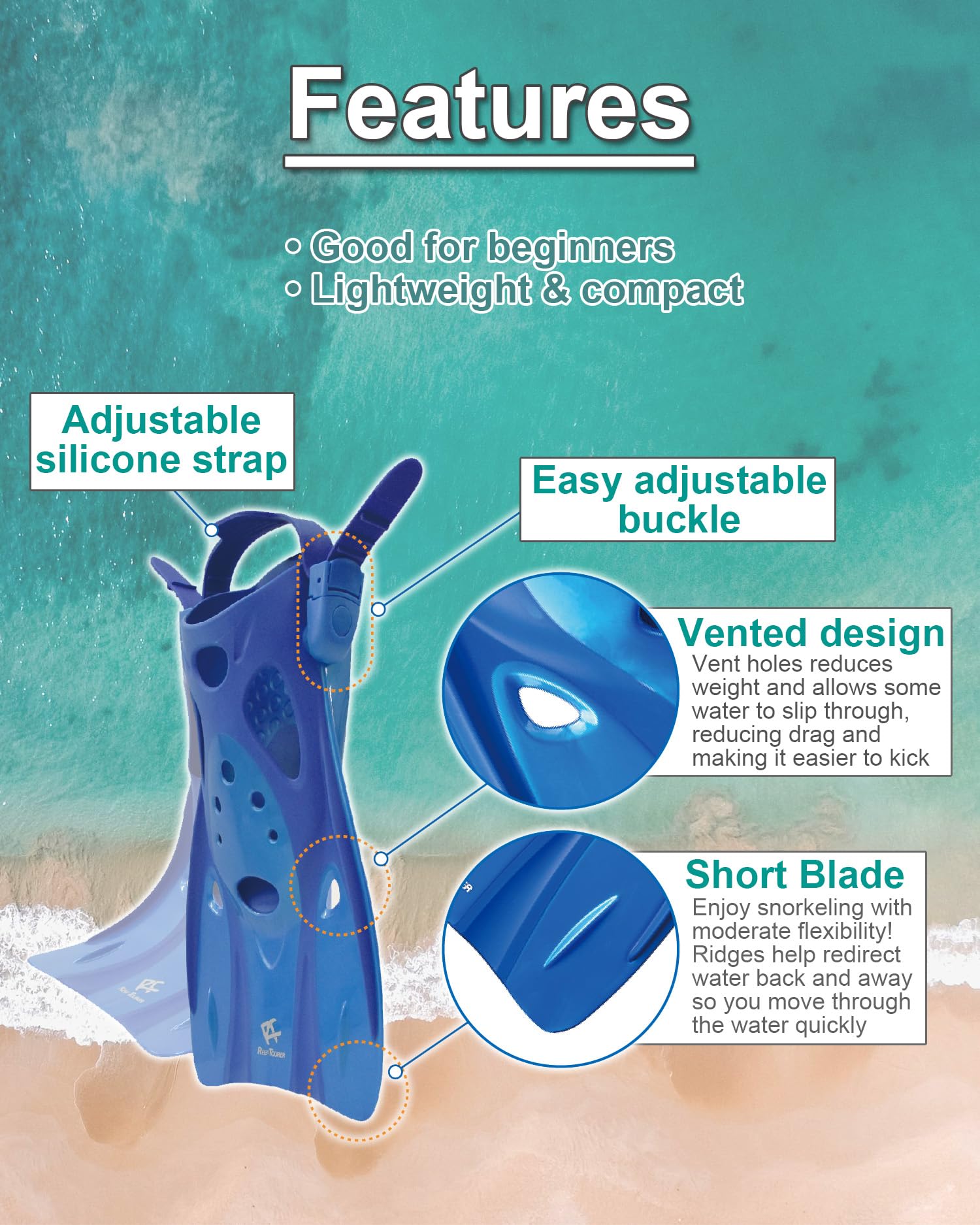 RF0106P Adjustable Open Heel Snorkel Fins for Kids & Adults - Compact Short Blade Swimming Flippers, Travel Size Snorkeling Gear for Beach, Pool & Water Sports