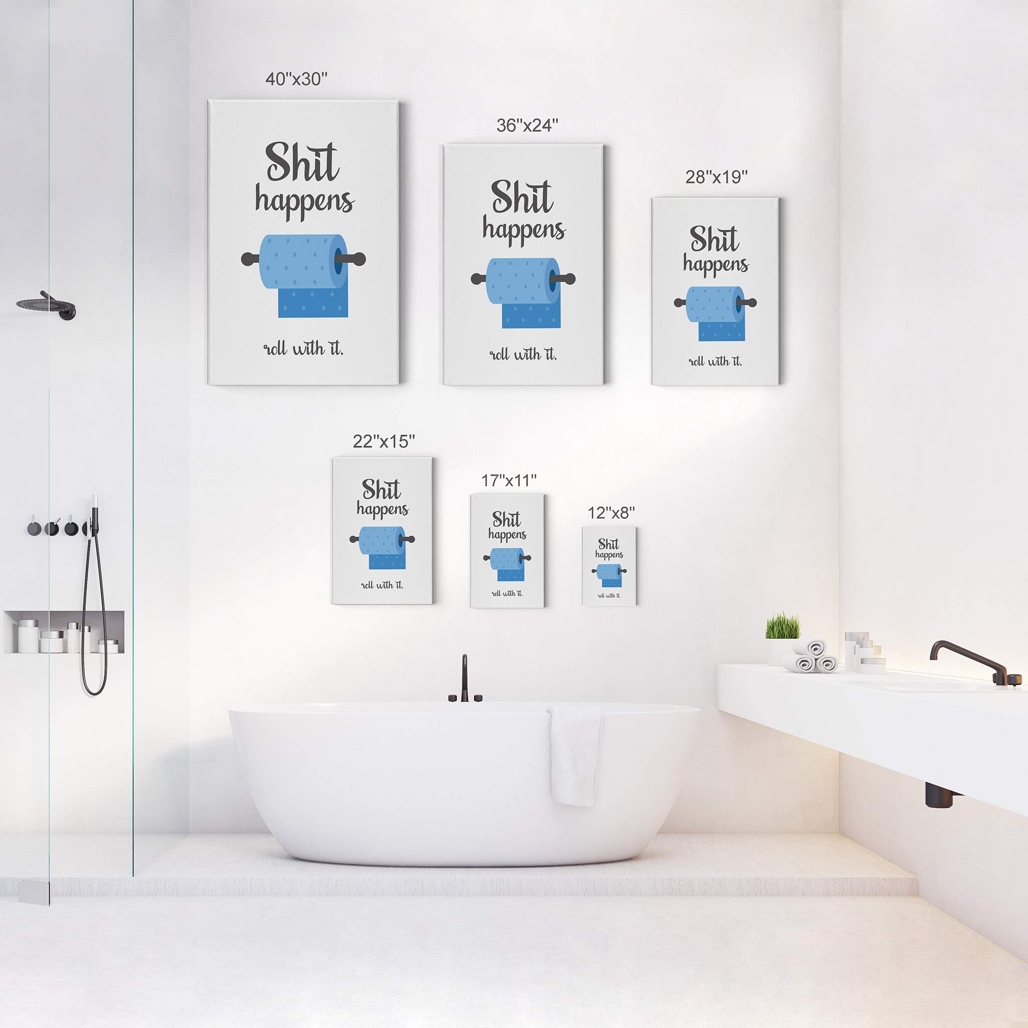 Funny Bathroom Wall Art - 'Shit Happens Roll With It' Quote Canvas Print - Ready to Hang Toilet Paper Humor Decor - Home & Bathroom Sign - Made in USA (40x30) - Perfect for Powder Rooms, Guest Baths & Office Humor