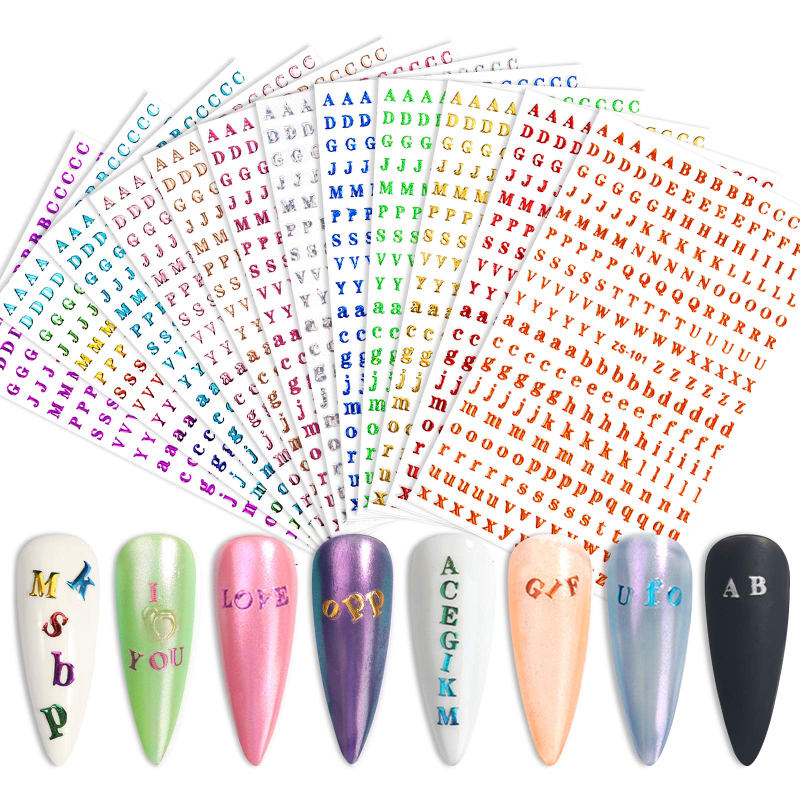 EBANKU 12 Sheets Holographic Alphabet Nail Stickers - Small 3D Laser Letter Nail Decals for Nail Art | Self-Adhesive Nail Decor for Parties, Weddings & DIY Manicures
