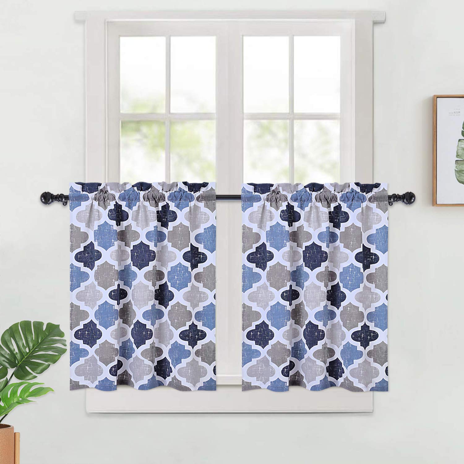 Quatrefoil Printed Cafe Curtains 30 Inch - Set of 2, Geometric Lattice Rod Pocket Window Curtains for Bathroom & Kitchen, Gray/Navy Cotton Blend - Perfect for Small Windows, French Doors & Farmhouse Decor