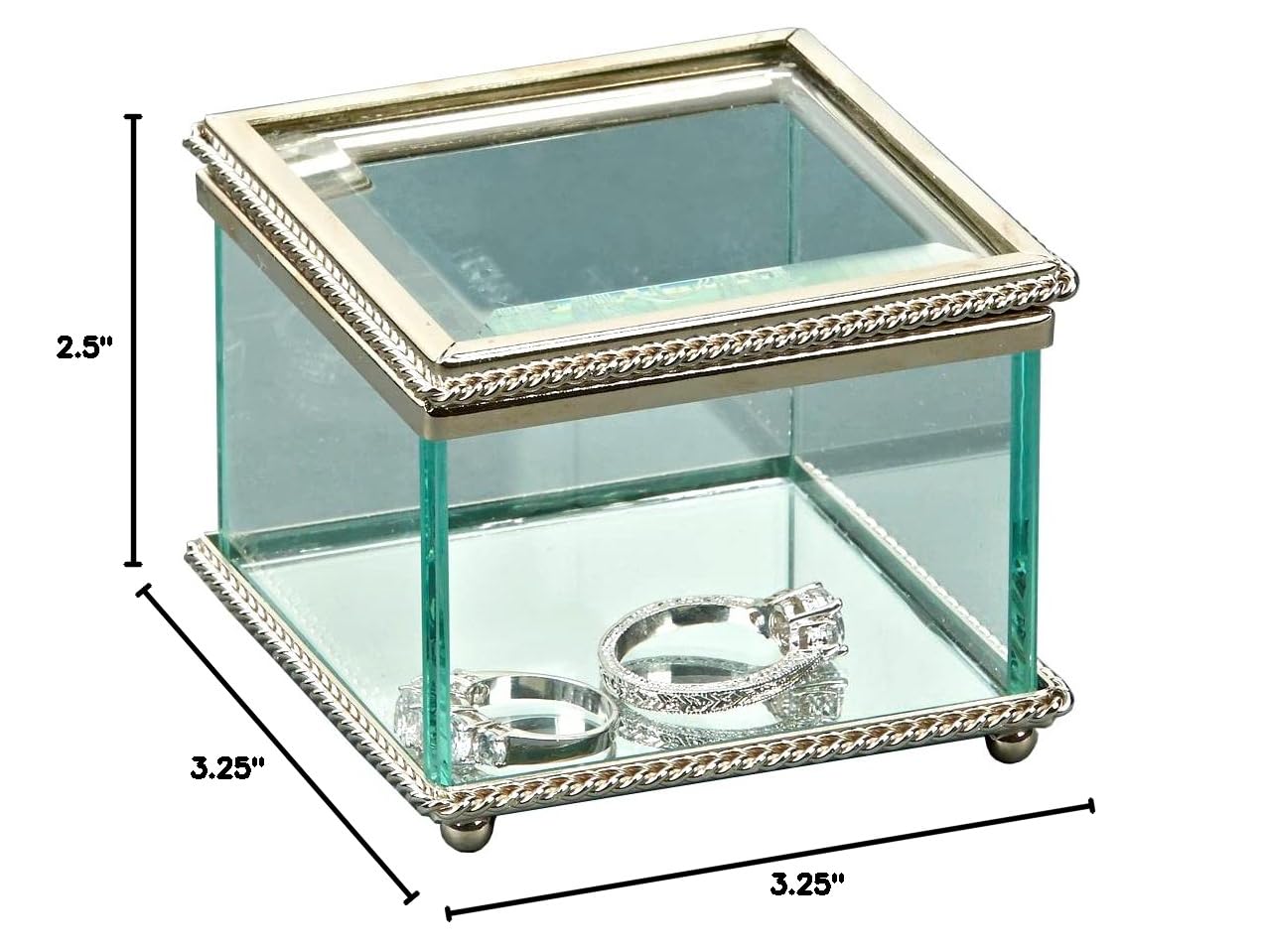 Lead-Free Glass Jewelry Box with Hinged Lid, Mirrored Base & Nickel Plated Trim - 3.25